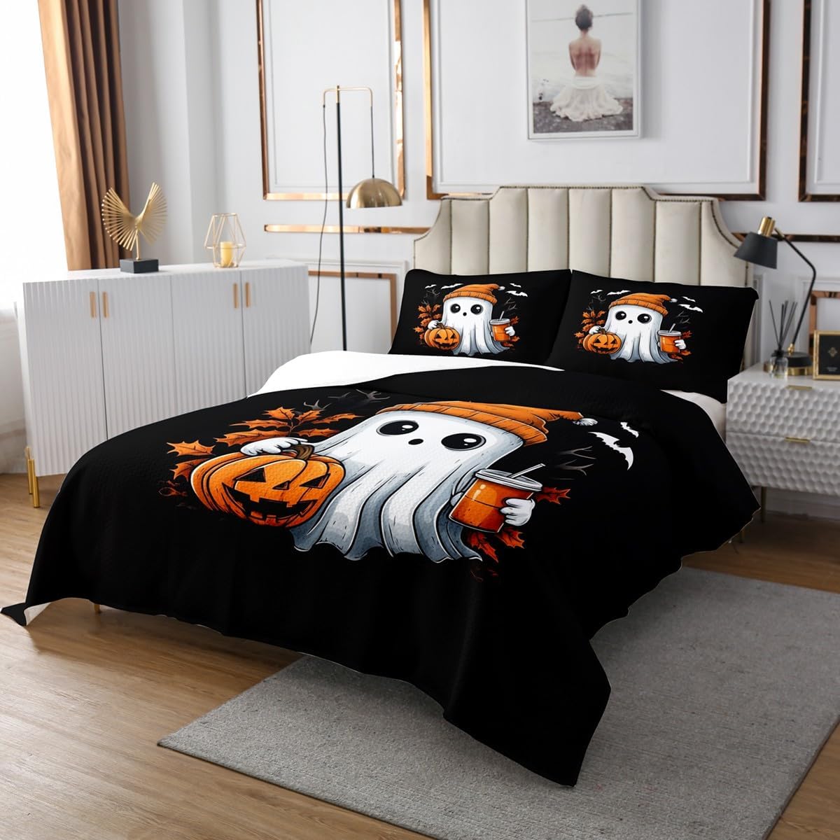 Cute Ghost Quilt Set Gothic Pumpkin Lantern Bedspread Set Bats Halloween Decoration Indoor Queen Size, Fall Leaves Coverlet Set Horror Silhouette Spooky Dark Shadows Quilted Cartoon Halloween Decor