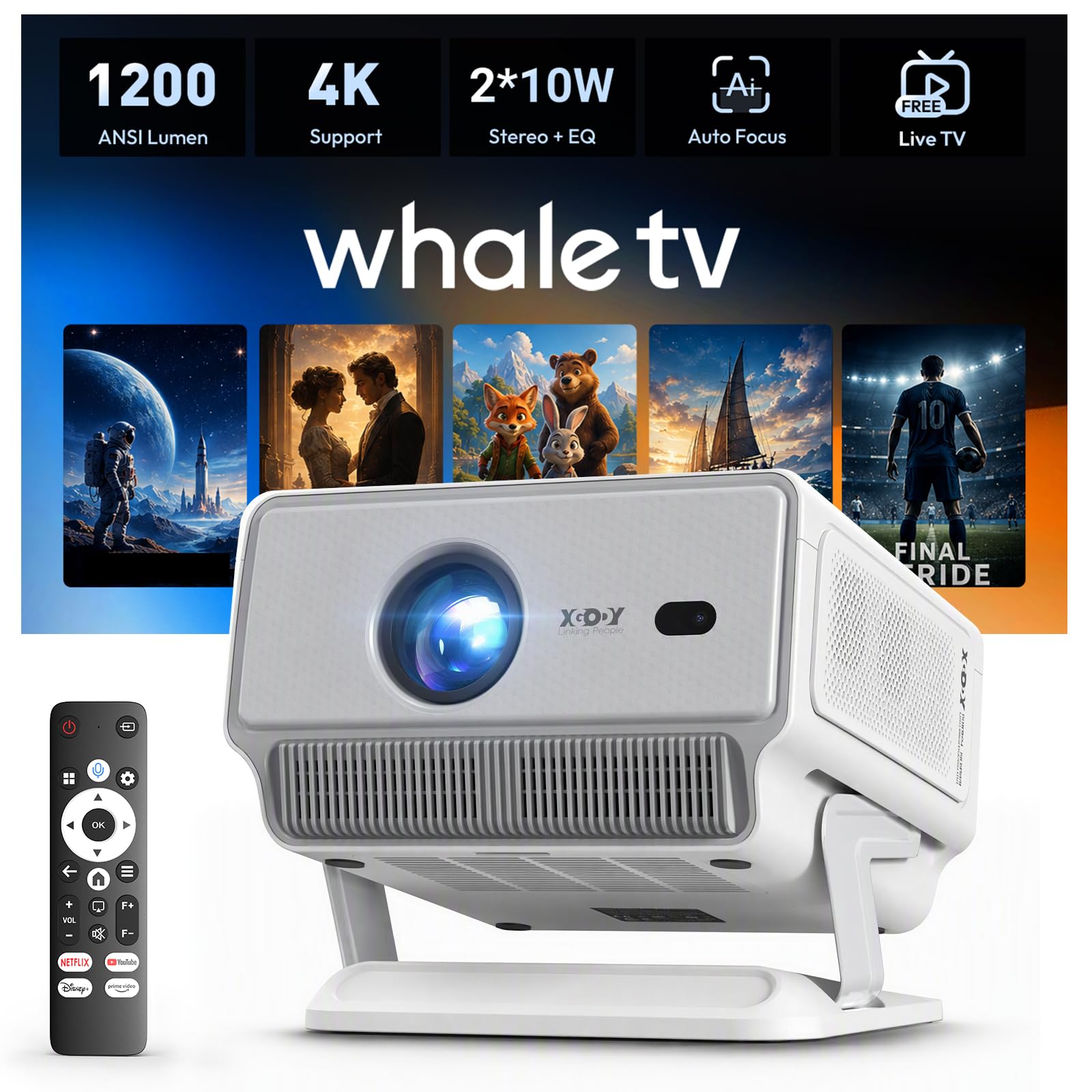 Xgody N8 Smart Beamer, 1200 ANSI Native FHD 1080P, 4K Unterstützt
