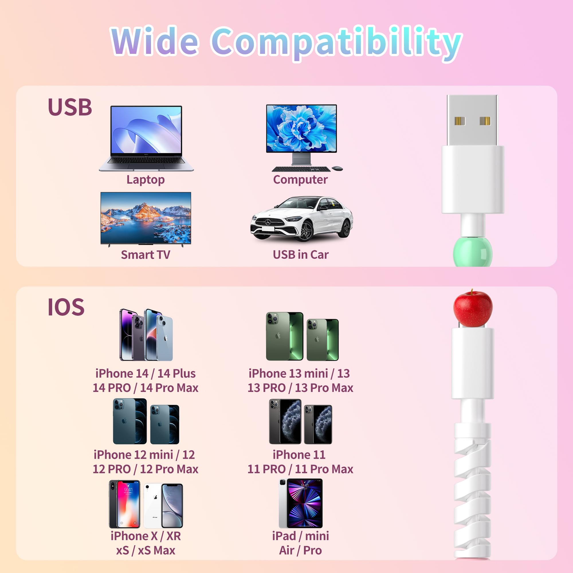 WESADN USB A per iPhone Cavo di Ricarica Carino Perline di Colore Della Caramella Cavo di Ricarica Veloce MFi Certificato 3.3FT Cavo di Ricarica Del Telefono 66W USB A Cavi di Caricatore Ragazze Donne