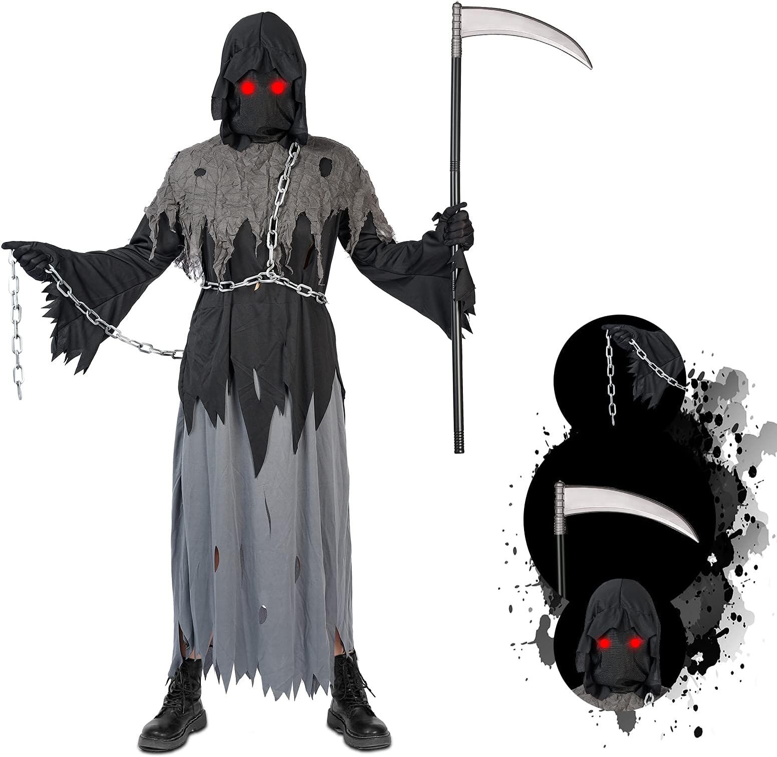 Grim Reaper Halloween Costume with Glowing Red Eyes for Kids and Adult, Scythe Included(Gray)