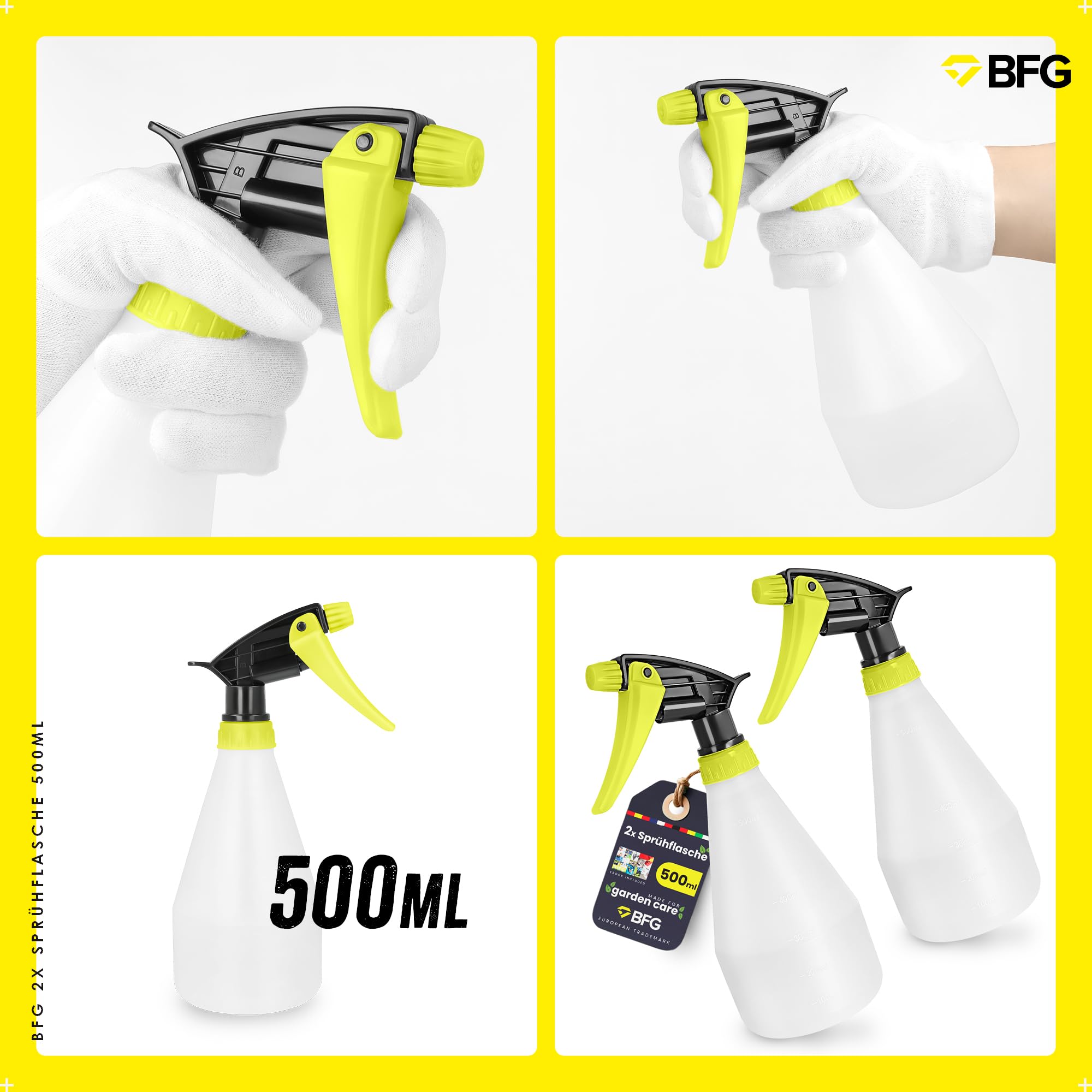 BFG 2x Sprühflasche 500ml - Sprühflasche für Haushalt und Pflanzen, Wassersprühflasche mit Verstellbarer Düse zum Bügeln, Nebelsprühflasche für Pflanzen und Küche, Blumensprüher für den Pflanzenschutz