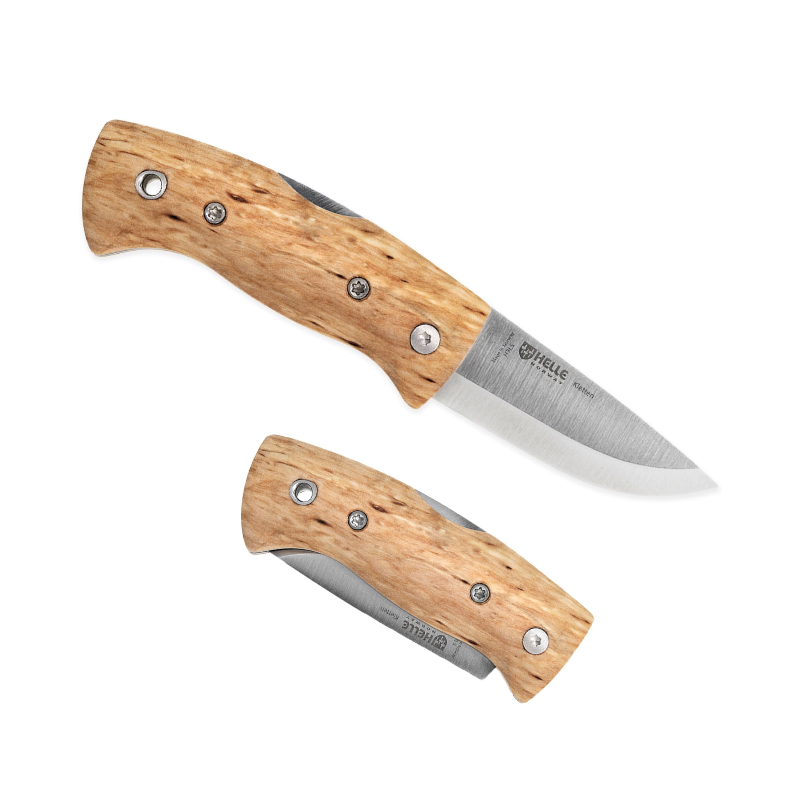 HELLE Knives - Kletten - Folding EDC Pocket Knife - Birch Wood Handle - Triple Laminated Stainless Steel - Made in Norway