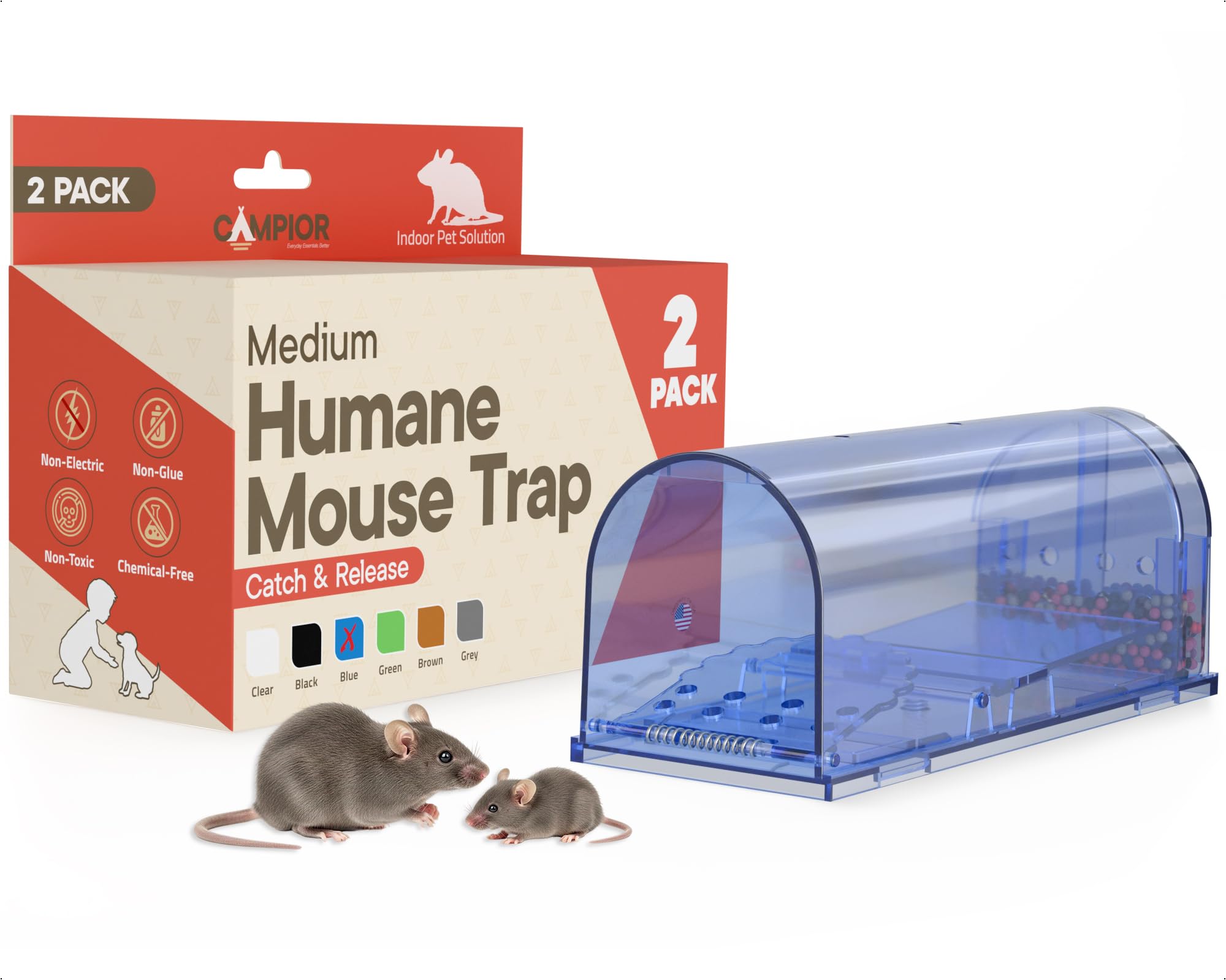 Campior Humane Mouse Trap 2 Pack Live Mouse Strap Catch and Release for Indoor & Outdoor Pet & Child Safe, 6.7" Reusable Plastic Mouse Cage with Spring Door and Cleaning Brush, Blue-image-6