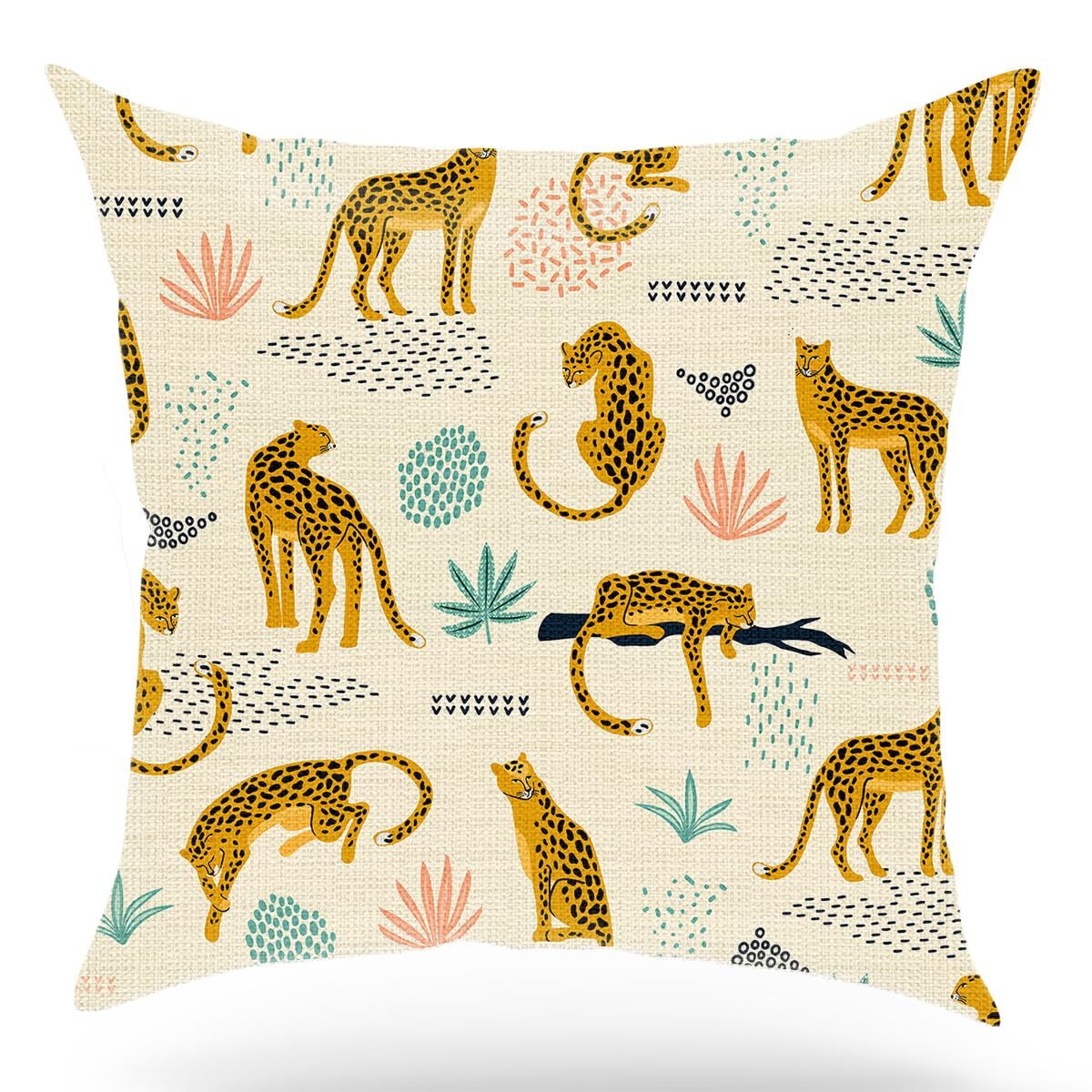GMS789 - Federa per Cuscino Decorativo, Copricuscino con Stampa Leopardata, Motivo Ghepardo, con Foglie Tropicali, 45 x