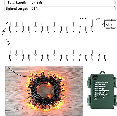 Miniatura 7 de BrizLabs Luces de Halloween naranjas y moradas, 33 pies, 100 luces LED de Halloween, 8 modos de luces naranja y morado con temporizador, mini cadena