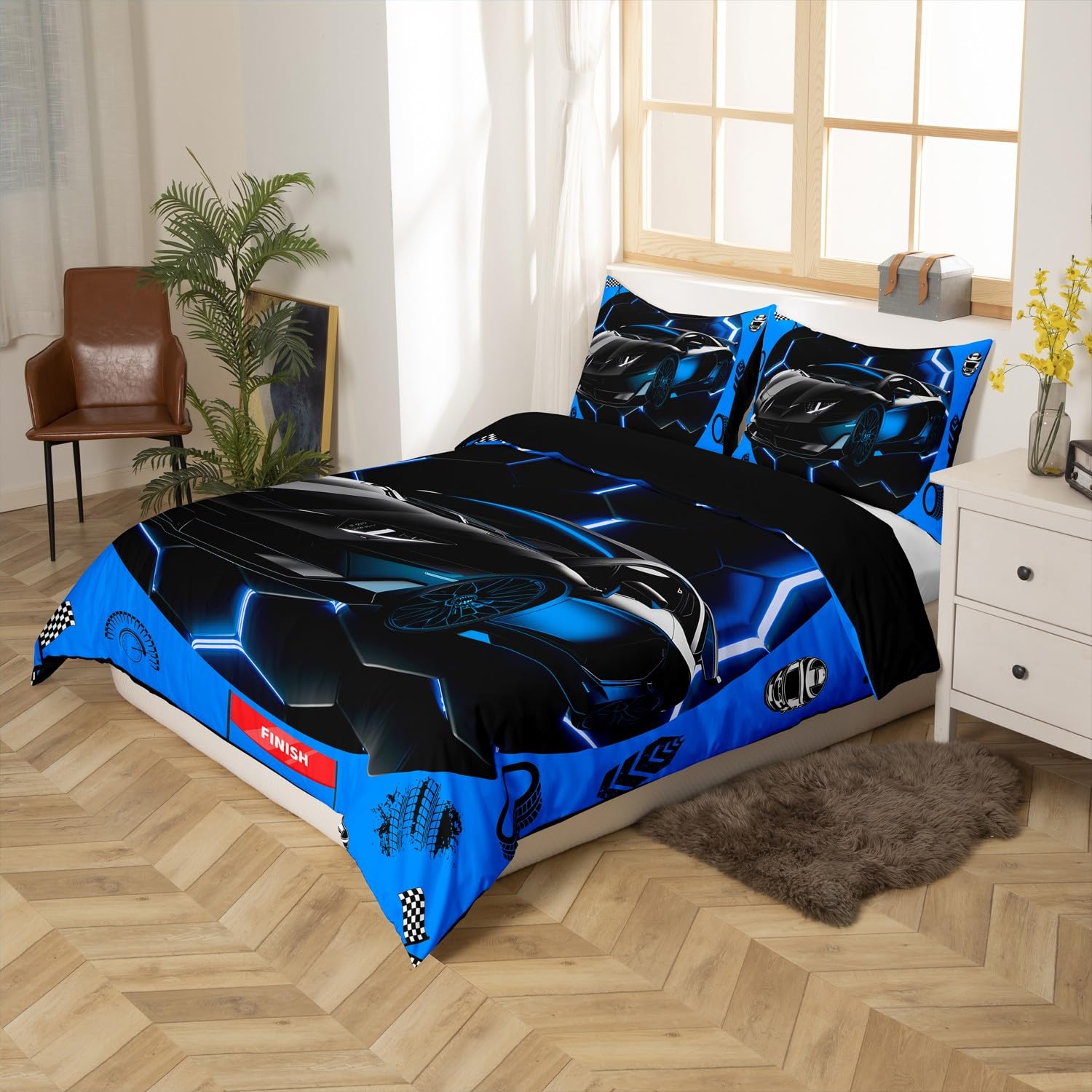 Homewish Niebieska poszewka na kołdrę z motywem samochodu wyścigowego, super king, dla dzieci i dorosłych, neonowa pościel o strukturze plastra miodu, dla nastoletnich chłopców, sporty ekstremalne