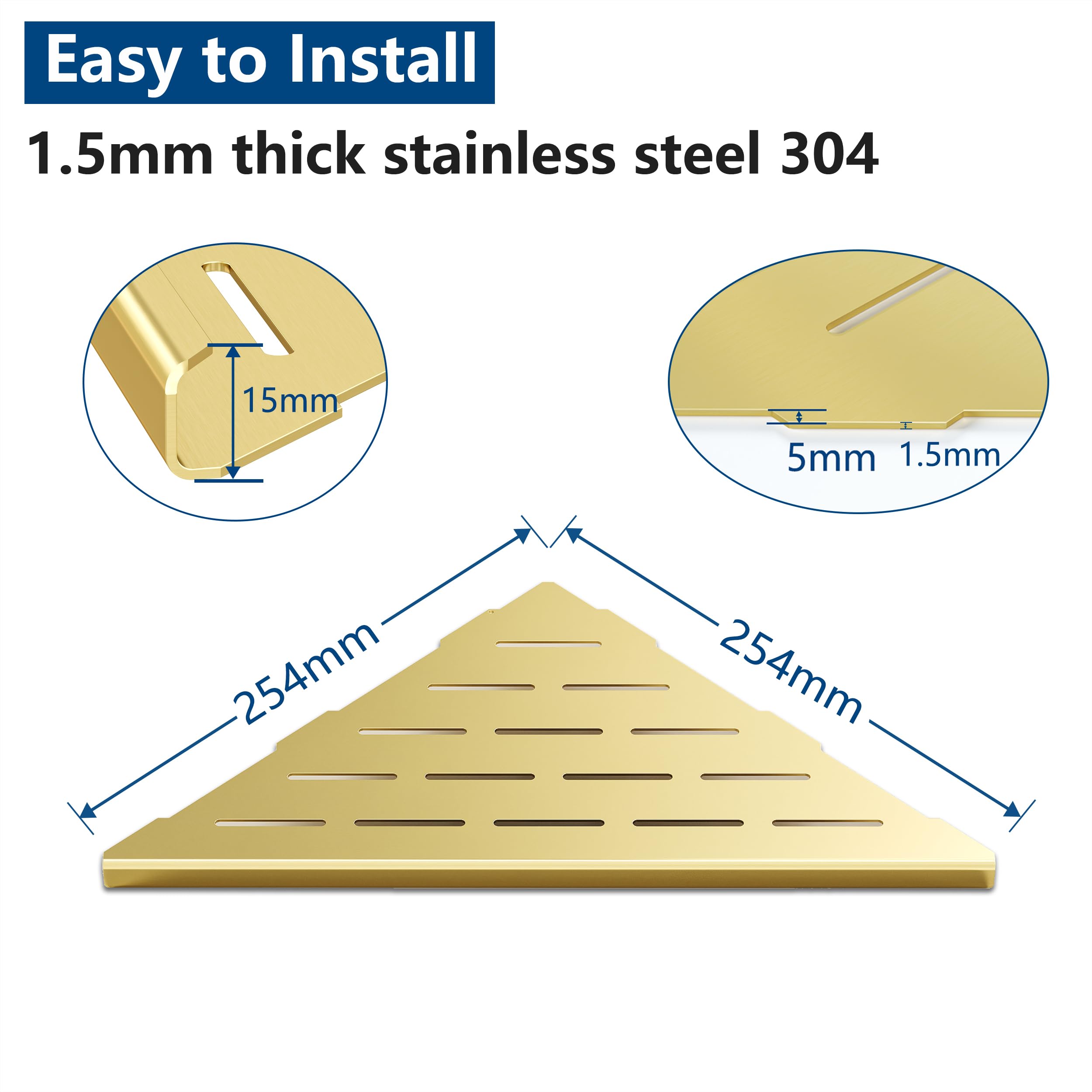 Neodrain Lot de 2 étagères d'angle en acier inoxydable - Doré - Pour salle de bain, cuisine
