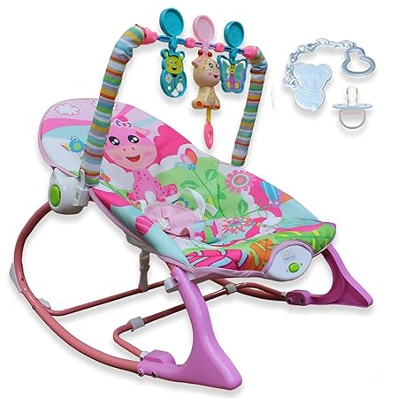 Safe-O-Kid Acoustic Baby Rocker Cum Bouncer with 1 Year Warranty, Multi-Position Reclining, with Music, Vibrations, Safety Harness and Toy Bar- Pink