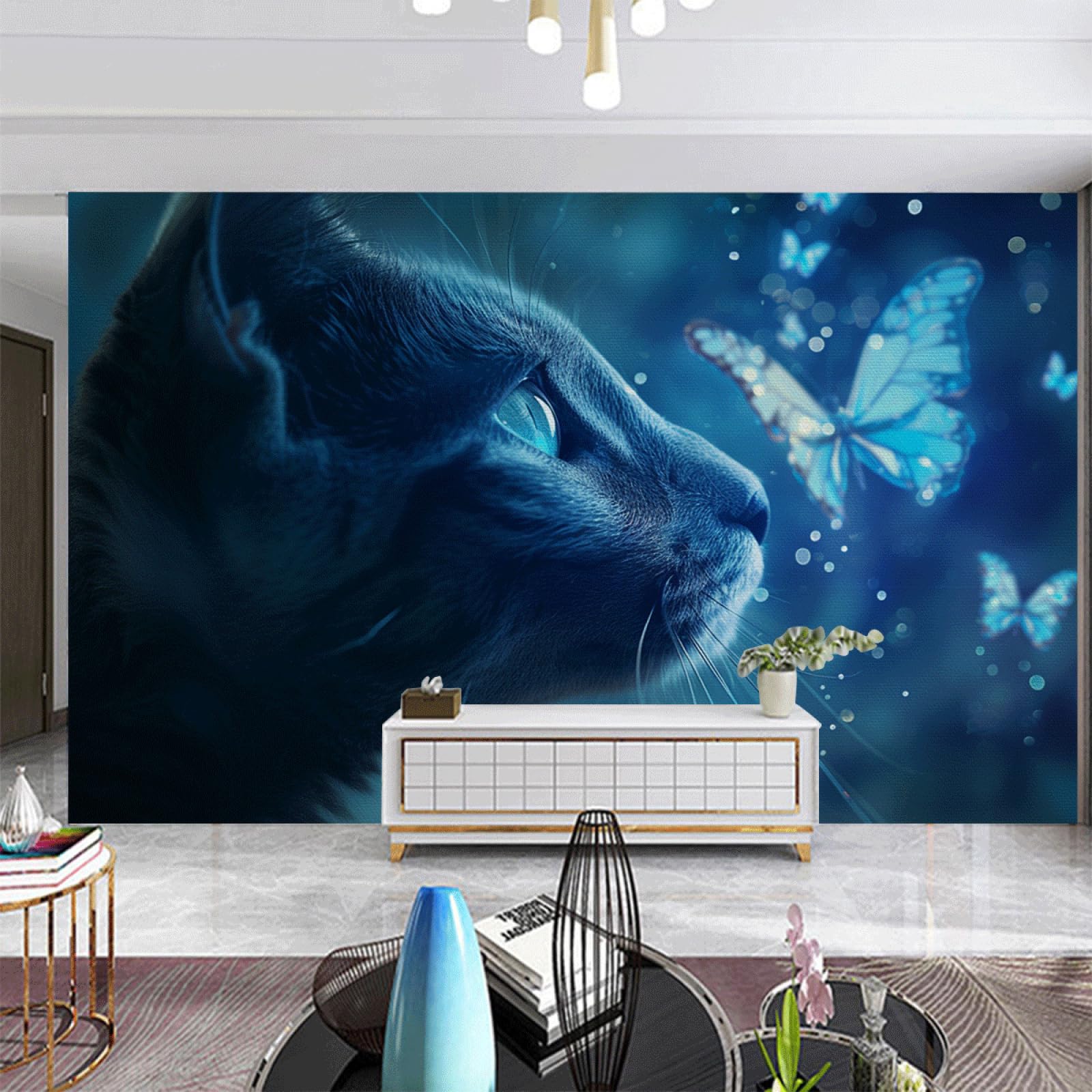 Papel Pintado Pared DormitorioGato Gris Azul Papel para Pared Removible sin Pegamento Decoración Mural para Salón Oficina Habitación Infantil Fácil de Instalar 400x240cm