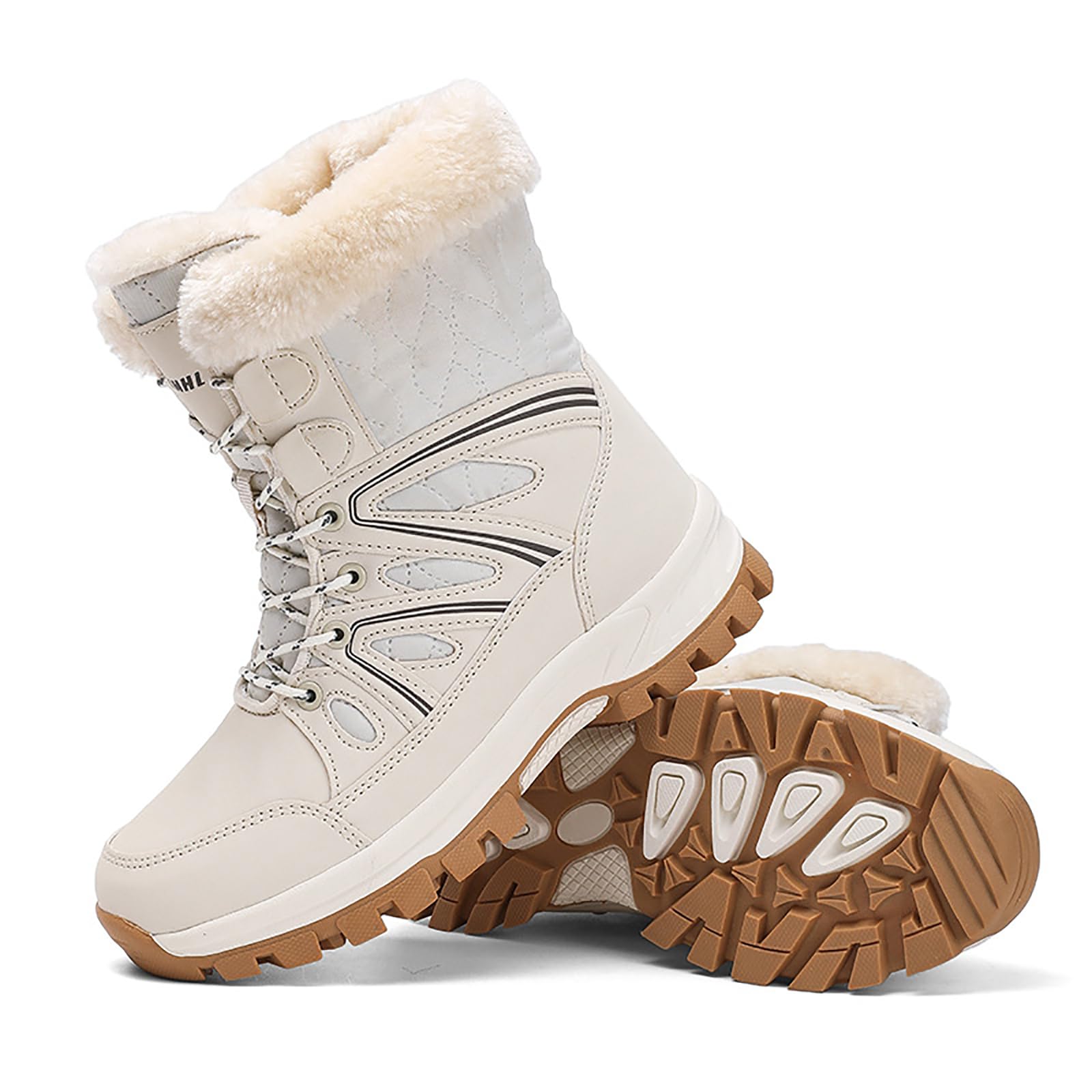 Womens Waterproof Thick-Soled Winter Snow Boots Lightweight Warm Fur Lined Lace Up Mid-Calf Comfortable Outdoor Walking Travel Winter