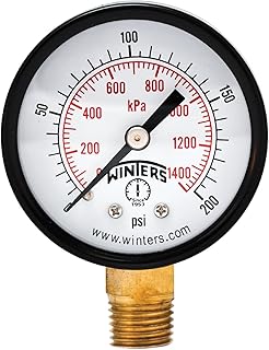 Winters 2 inch Dial Size, Multi Function Economy Utility Dry Pressure Gauge, Brass Internals, Black Steel Case, Dual Scale 0-200 psi/kPa, 3-2-3% Accuracy, 1/4 inch NPT Bottom Mount, Pressure Gauge