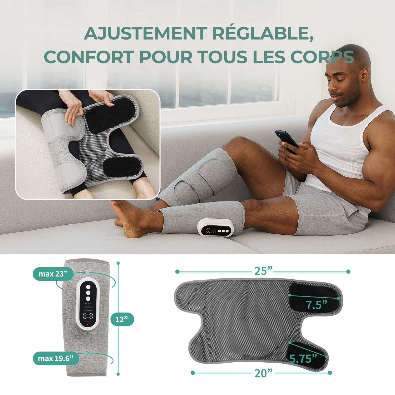 HubiCare Appareil de massage des jambes avec compression d'air et chaleur, 3 niveaux d'intensité, rechargeable USB-C, appareil de massage silencieux du mollet pour la relaxation et la circulation
