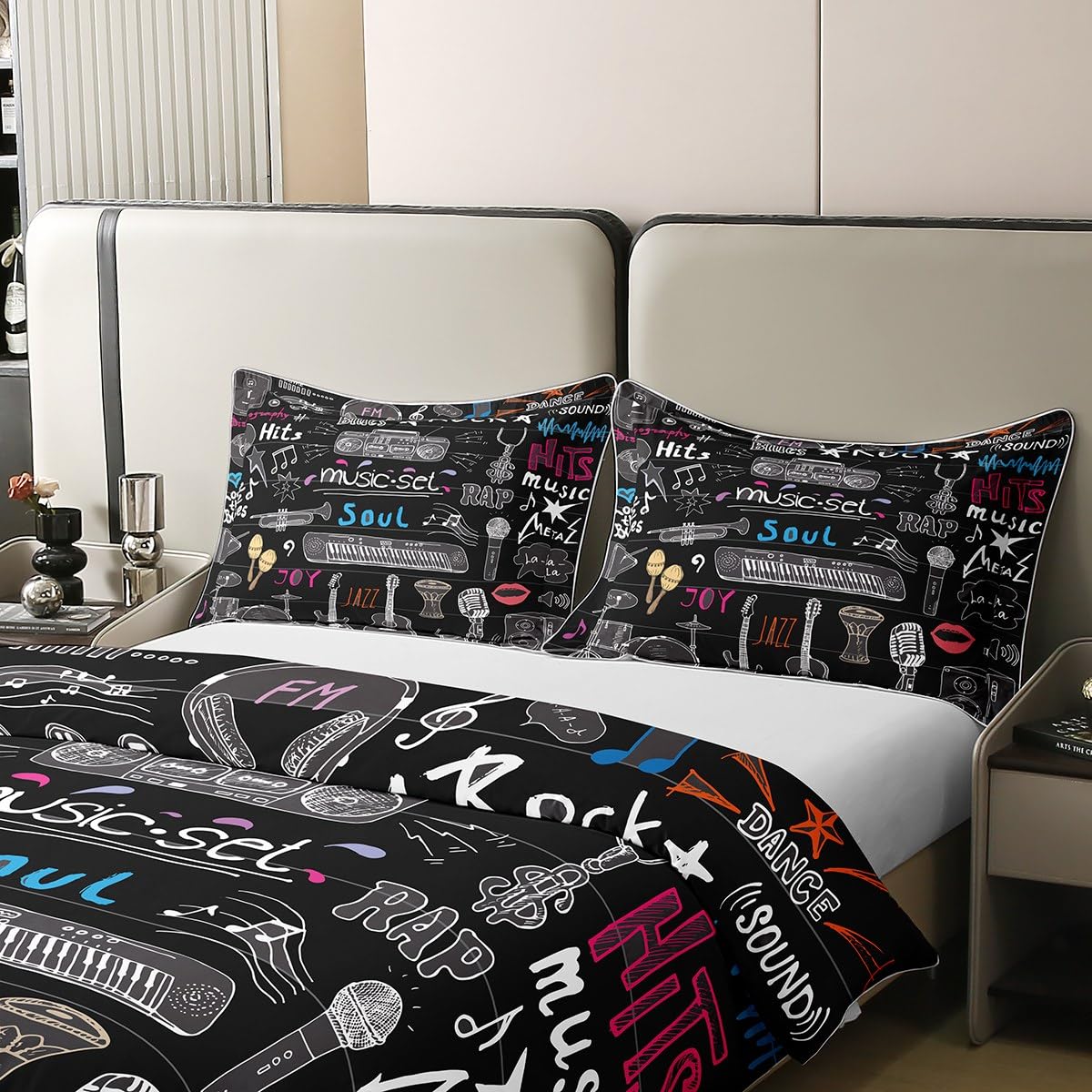 Loussiesd Rock Music - Biancheria da letto, 135 x 200 cm, 100% cotone, motivo Rap Blues Hip Hop, copripiumino per chitarra, tamburo e microfono, set da 2 pezzi