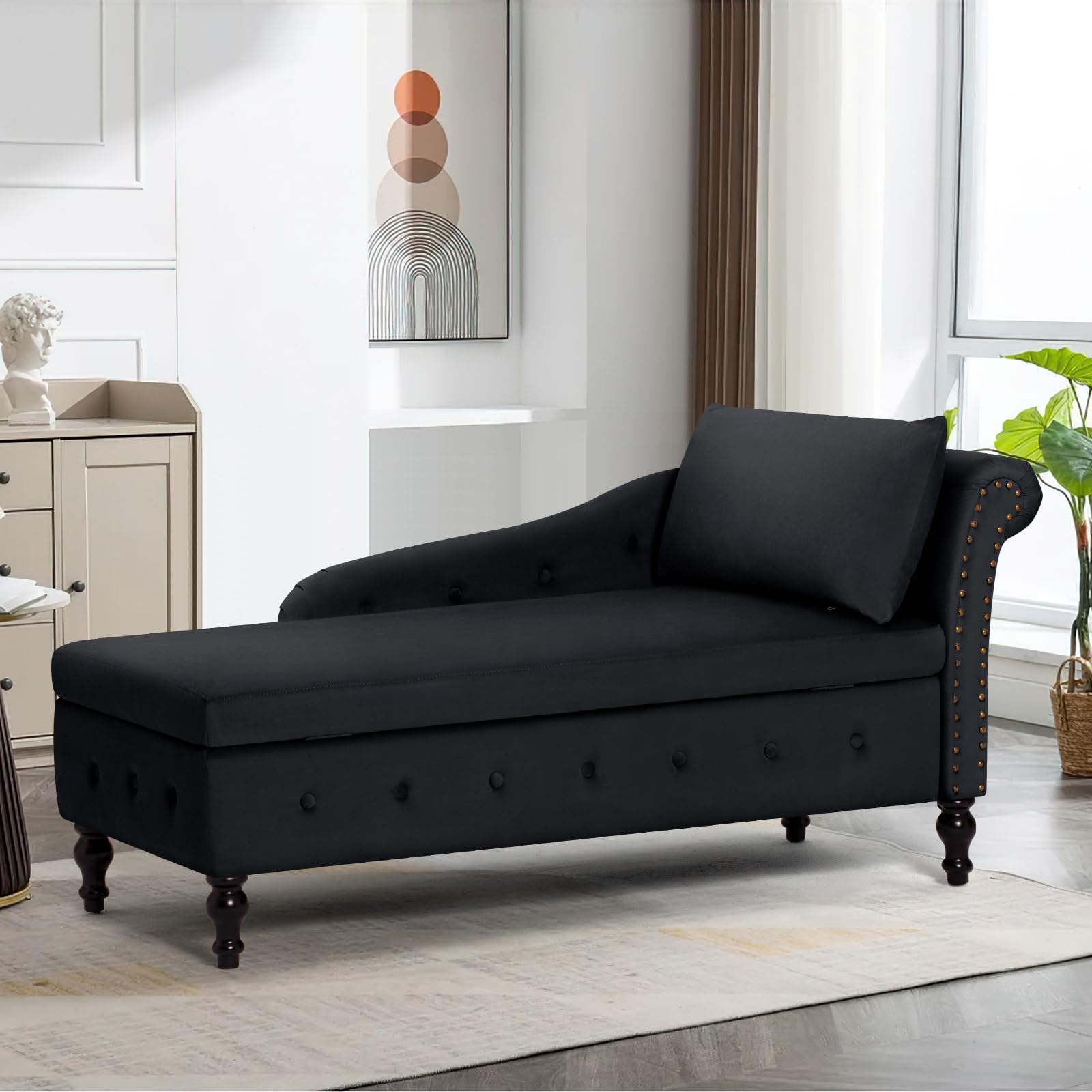 Chaise Lounge with Right Armrest & Lumbar Pillow,Button Tufted Lounge Sofa with Storage,Lounge Chair Indoor,Modern Upholstered Velvet Lounge Chair for Bedroom, Living Room and Office,Black