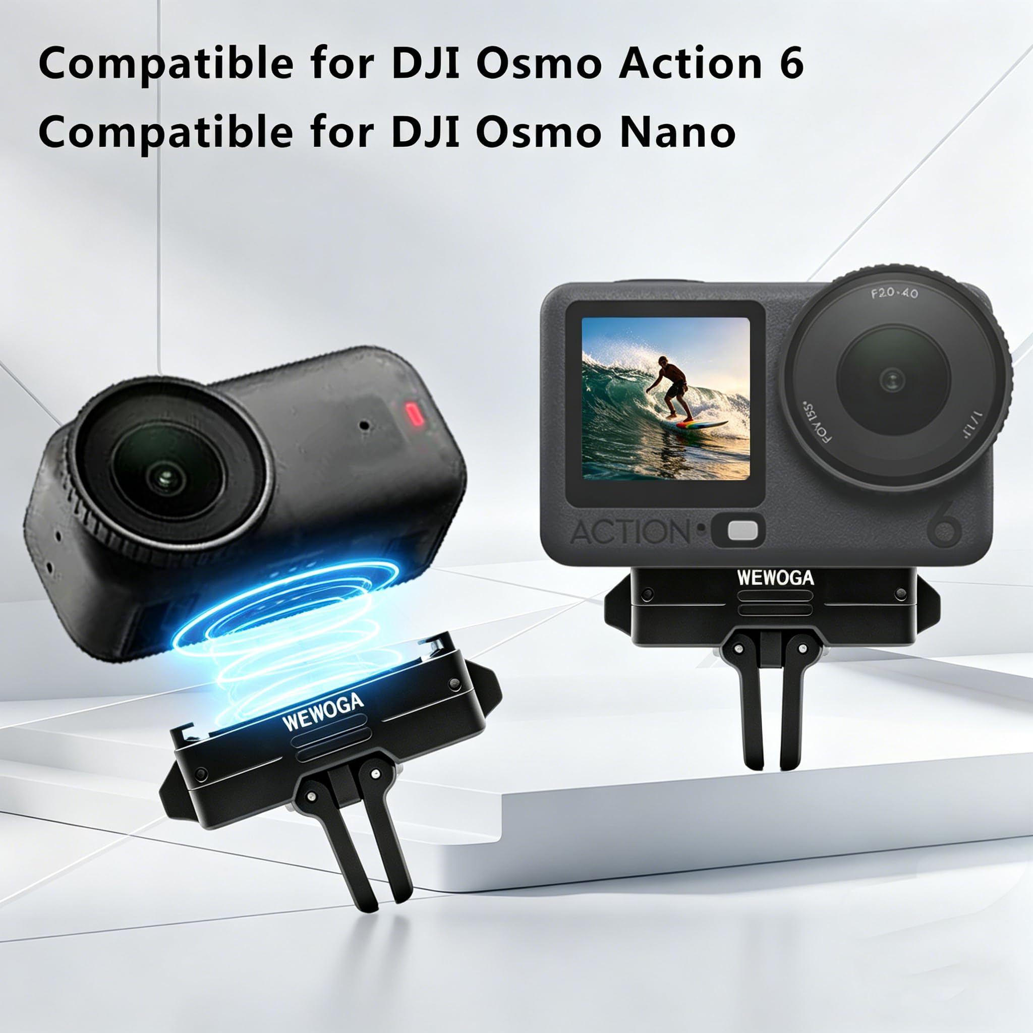 Osmo Nano/Action6 Soporte Magnético 360°Giratorio, Metálico Adaptador Liberación Rápida compatible con DJI Osmo Nano/Action6,Base Giratoria con 1/4" Tornillo y Pinza Plegable para Trípode/Palo Selfie