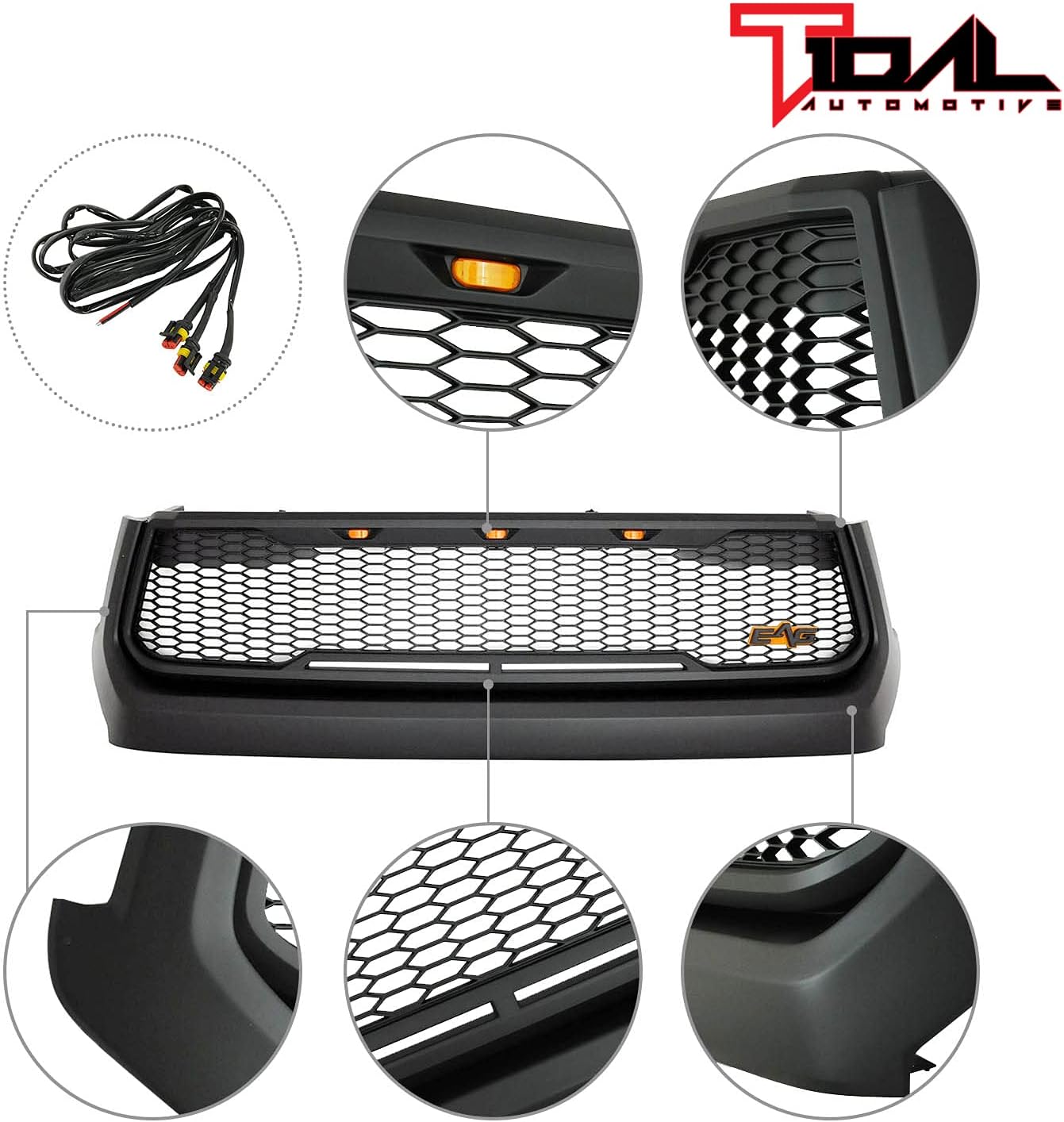 Tidal Replacement Tundra ABS Grille Upper Front Hood Grill - Matte Black - With Amber LED Lights for 14-21 Tundra