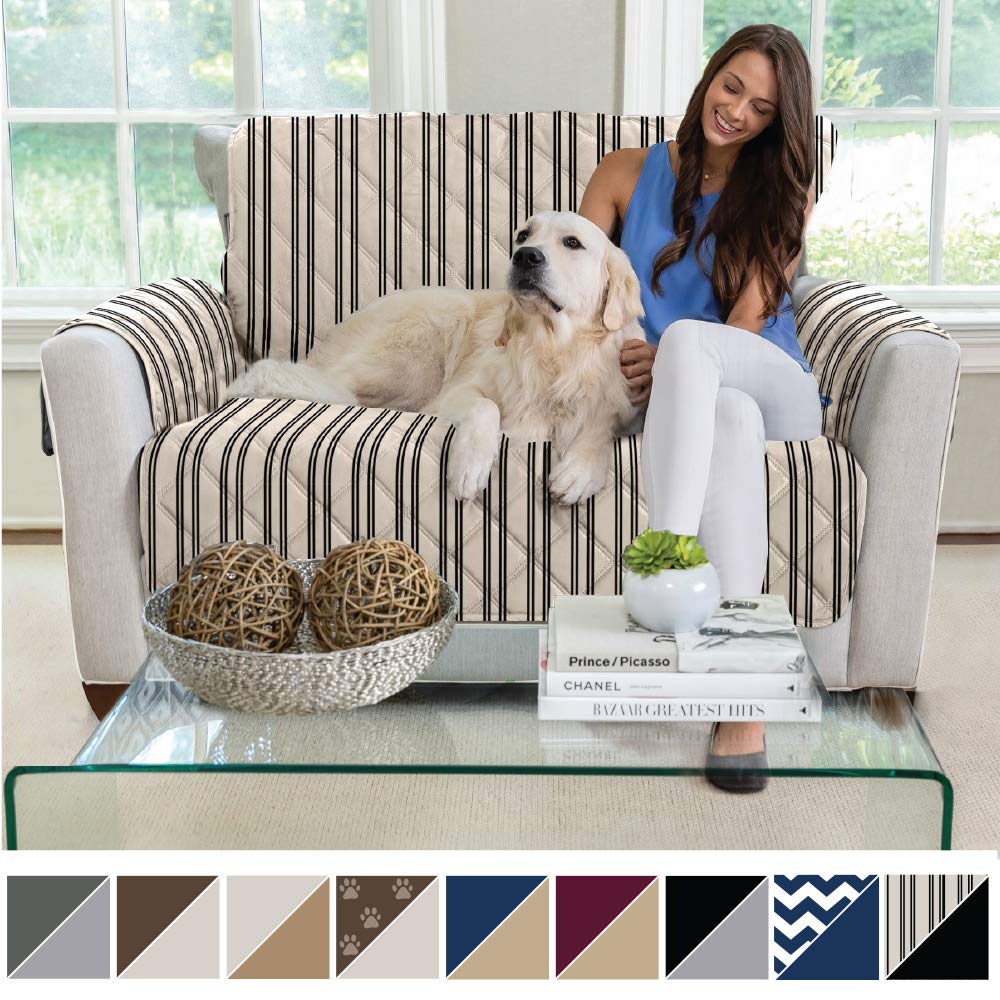 Mighty Monkey Premium Reversible Chair Protector for Seat Width up to 48 Inch, Furniture Slipcover, 2 Inch Strap, Chairs Slip Cover Throw for Pets, Dogs, Cats, Armchair, Stripes Beige Black
