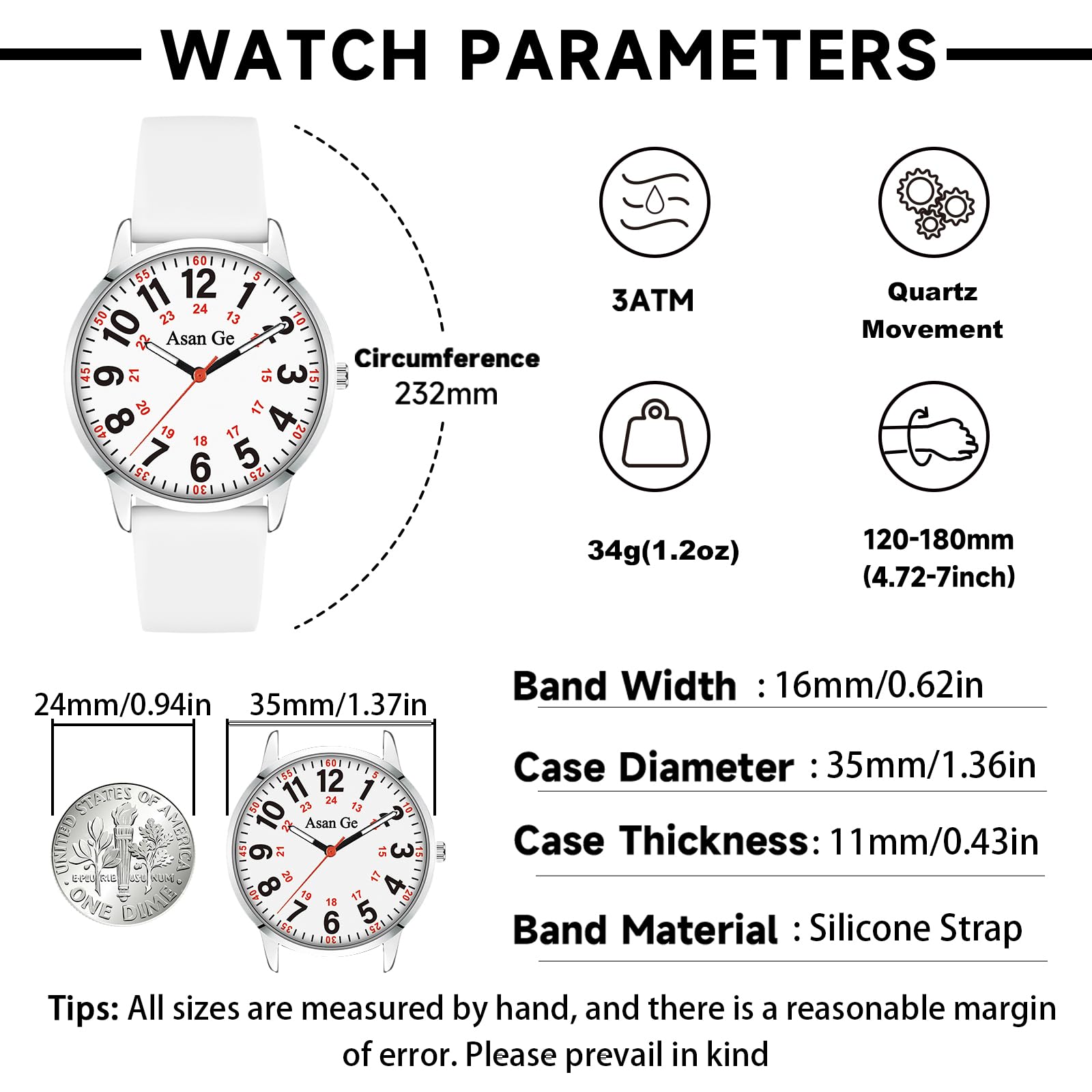 Asan Ge Nurse Watch for Nurse Medical Professionals Students Doctors Women Men Waterproof Watch 24 Hour Military Time Luminouse Easy to Read Dial with Second Hand