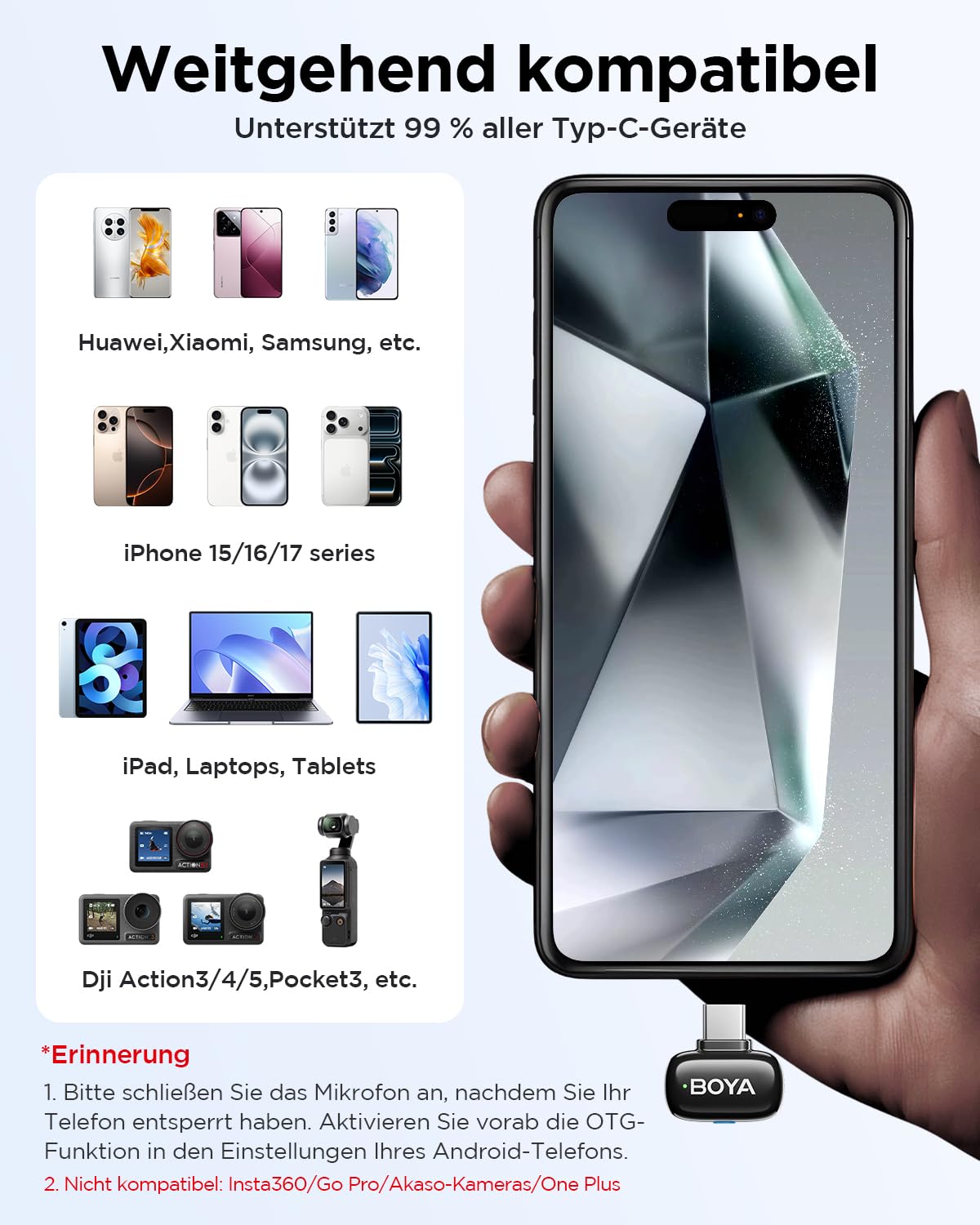 BOYA Mini 2 Mikrofon Handy, Wireless Lavalier Mikrofon für iPhone15/16/17 & Android USB-C, Ansteckmikrofone mit 48kHz/24Bit, App-Steuerung für Vlogging, TikTok Content Creator