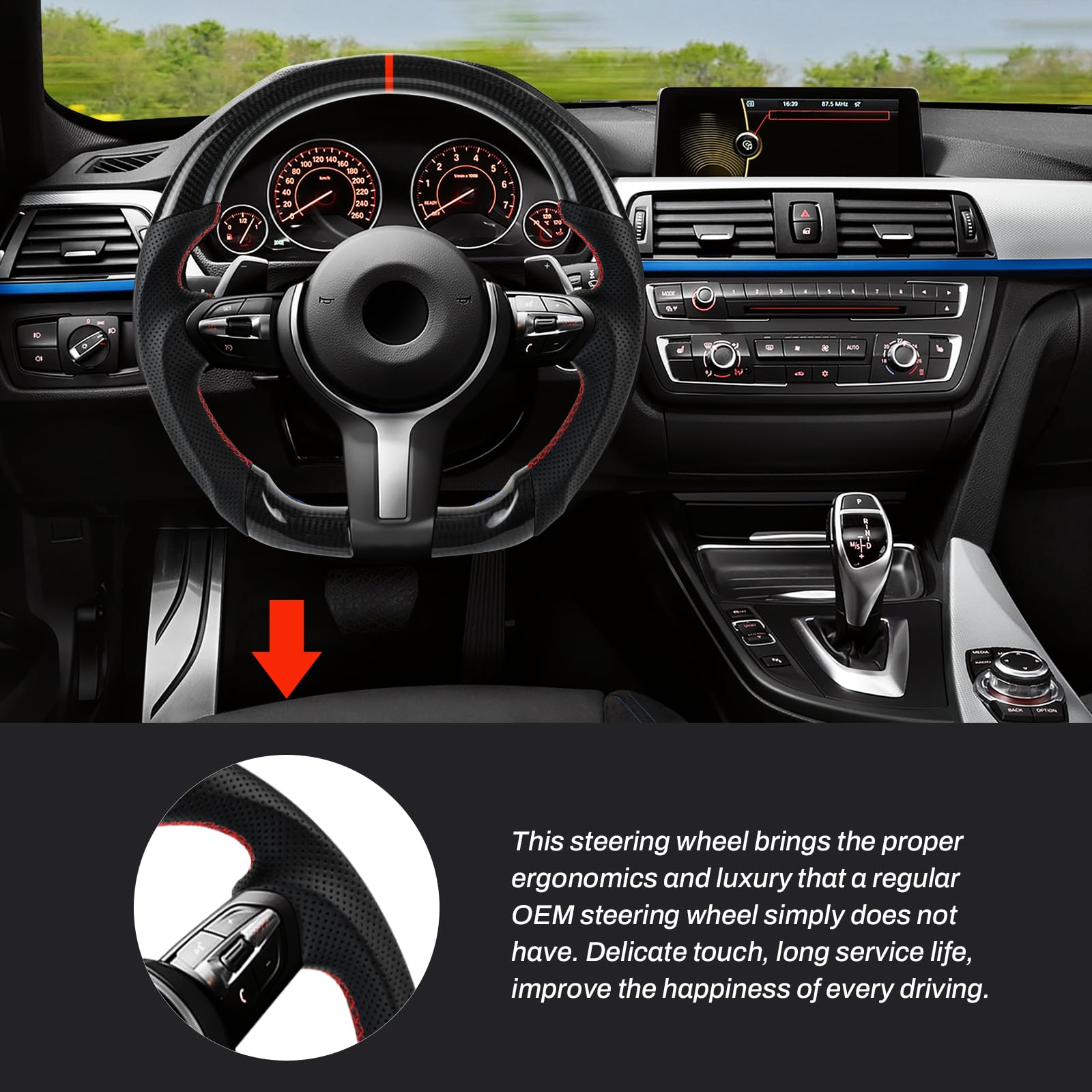 Handgefertigte echte Carbonfaser-Lenkrad, Die rote Mittellinie, Perforierte Ledergriff für BMW M Sport Serie/für M Performance Serie M3 F20 F22 F23 F30 F31 F87 M2 F82 F83 F15 F21
