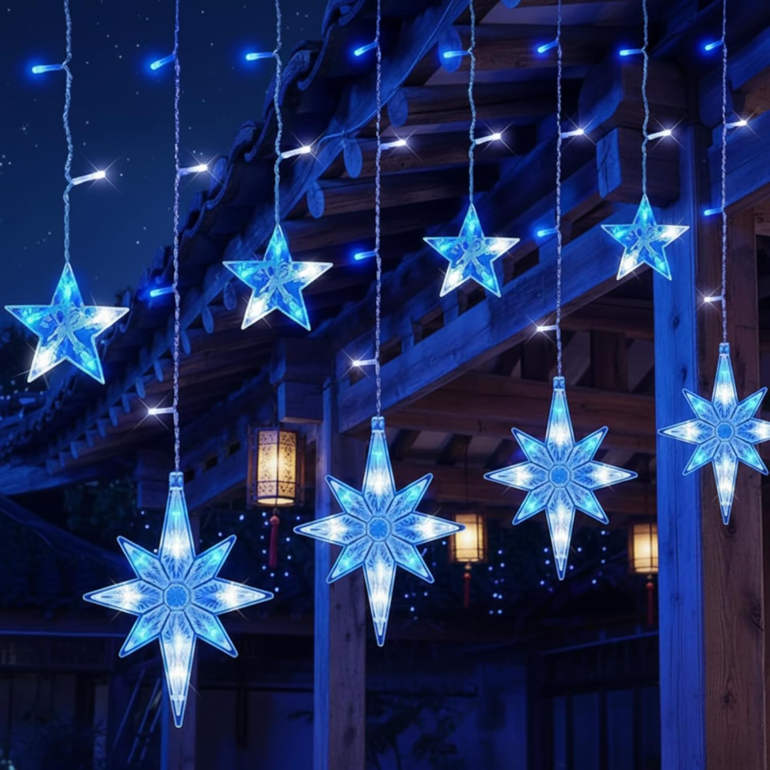 Christmas Star Icicle Lights 17.22ft 231 LED Waterproof Star String Light with 22 Drop 8 Modes Connectable Plug Hanging Decor for Home Eaves Indoor Outdoor Xmas Party Holiday(Blue White)
