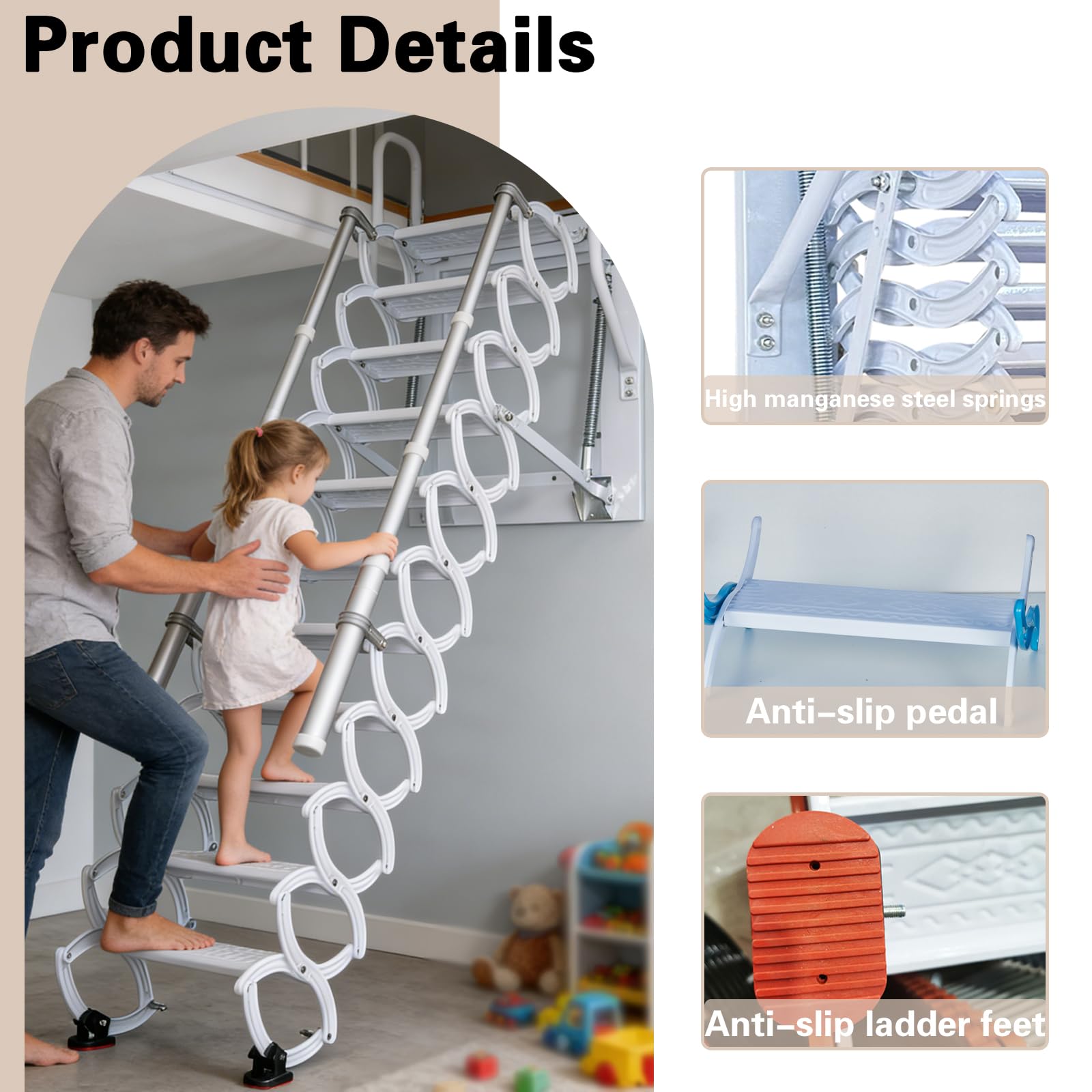 Escalera telescópica para ático montada en la Pared, Escaleras para ático desplegables con reposabrazos, Escaleras de ático de Pared abatibles, Exteriores (Blanco, A-12)