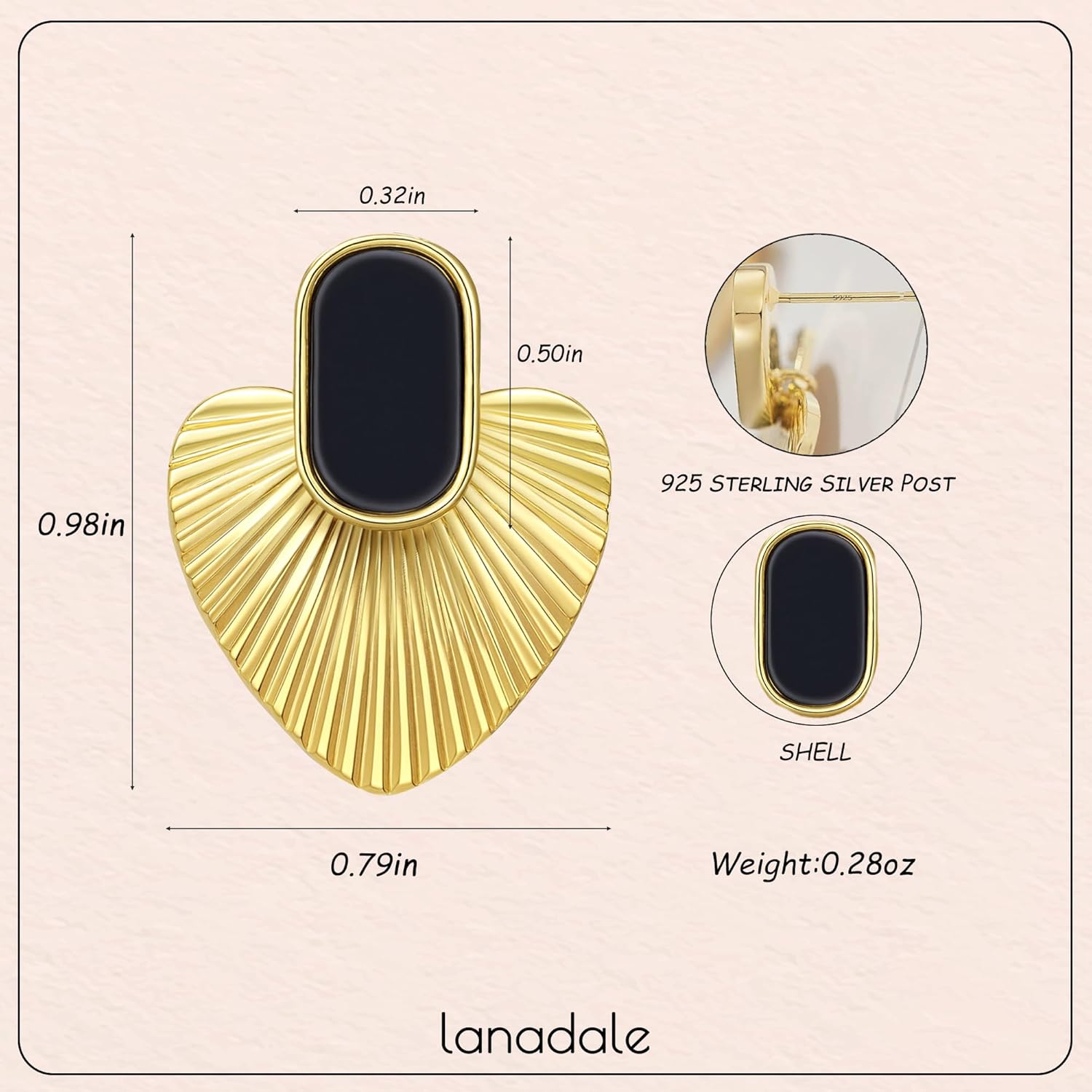 925 Sterling Silver Post Vintage Heart Dangle Earrings for Women Hypoallergenic 18K Gold Plated Stainless Steel Black White Shell Statement Drop Earrings - Image 2