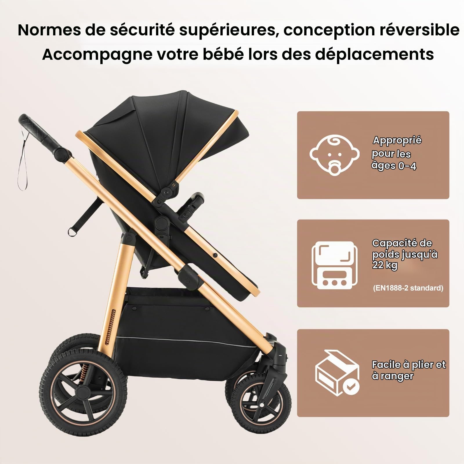 Zkipm Poussette 3 en 1 SystèMe de Voyage, Landau avec SièGe, Poussette pliable et modulable, Cadre en Alliage D'Aluminium, Adapté aux BéBéS de 0 à 4 Ans