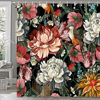 Black Boho Floral Shower Curtain, Unique Colorful Bohemian Mandala Beautiful Dark Flower Leaves Bathroom Curtain, Mid Century Spring Bright Blossom Modern Aesthetic Accessories 69Wx72H Inch - Buy now