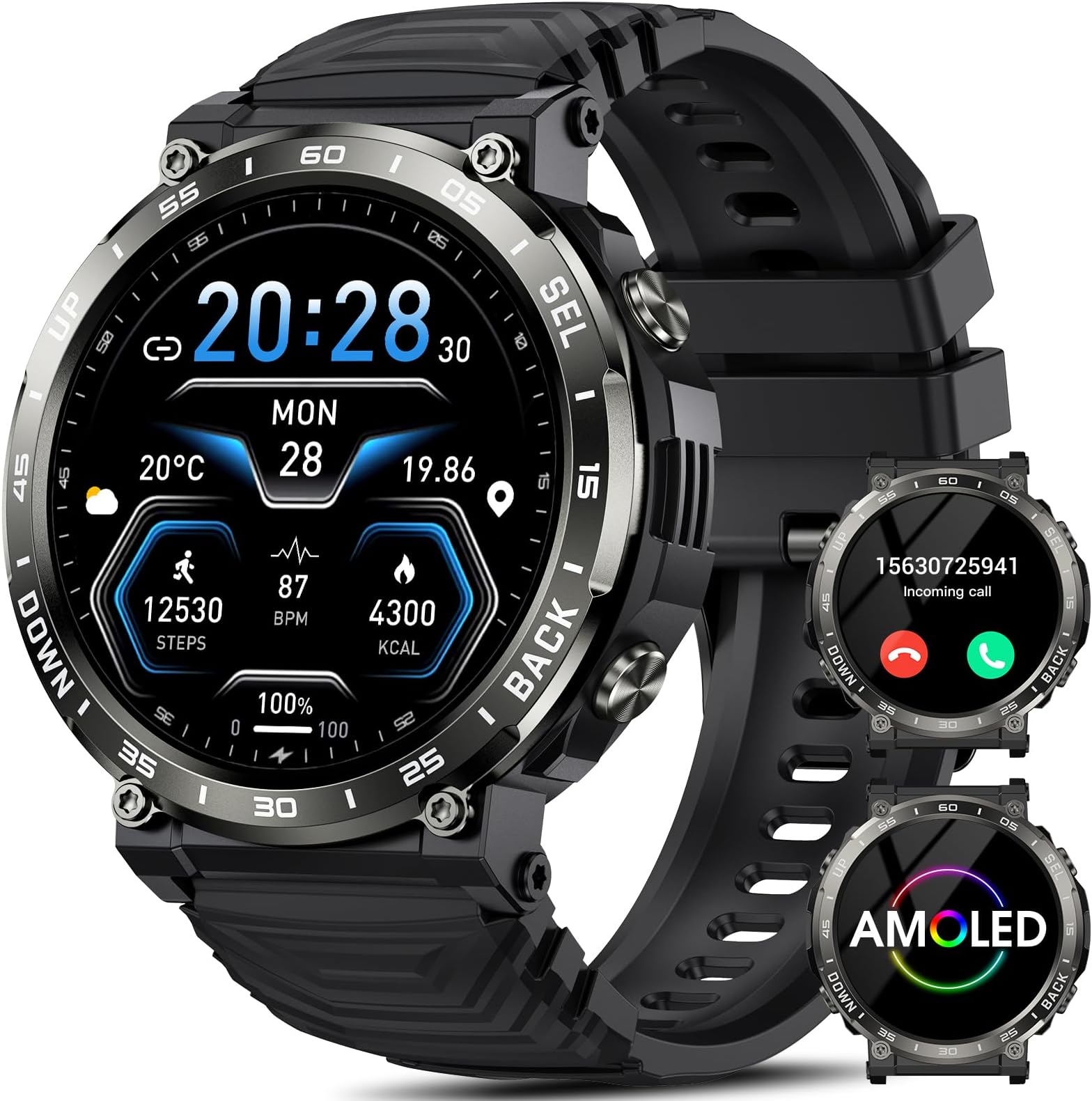 Smartwatch met Bluetooth Bellen, 1,96 AMOLED Smartwatch Herren, 3ATM Waterdicht Smart Watch, 123 Sportmodi, SpO2, Muziekspeler, Hartslagmonitor, Smartwatches voor Android iOS (Bruin