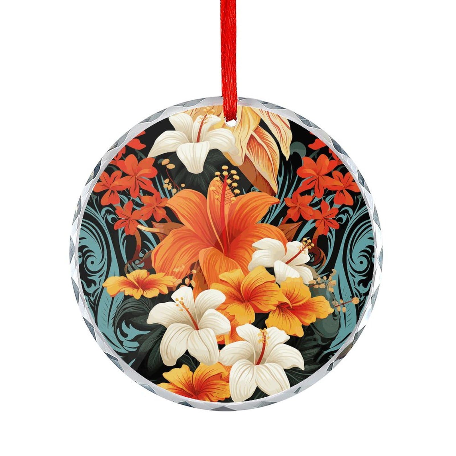 Fodpand Women's Style Flowers And Hawaiian Tribal Patterns On Black Background Round Glass Ornament Keepsake Gift Exchange Ideas Car Decor,Christmas Ornaments For Tree Window Garden Ornaments