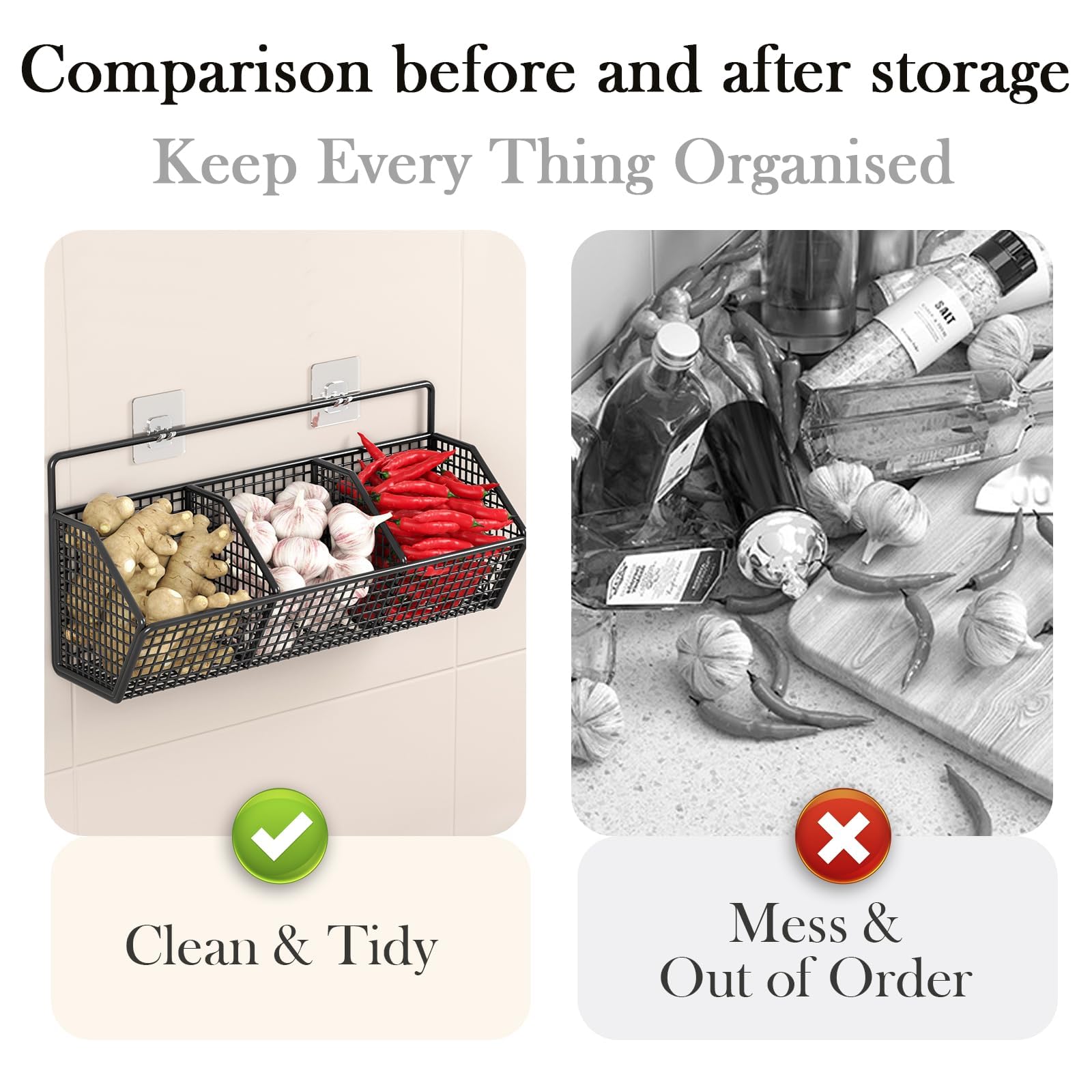 Cestini da parete in metallo, set da 2 pezzi con 3 scomparti, per conservare le verdure, cestino in metallo da appendere senza forare, cestino sospeso da cucina e cucina, organizer per cipolle