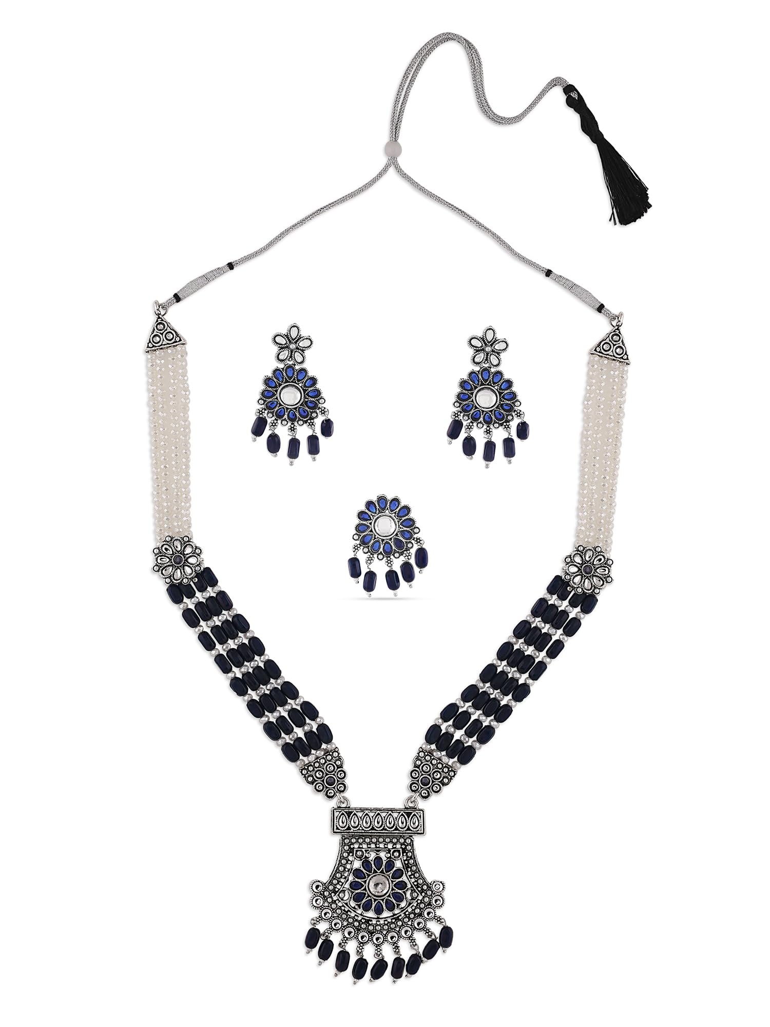 ZAVERI PEARLS Navy Blue Kundan & Stones Oxidised Necklace Earring & Ring Set For Women-ZPFK16586 (B0CKL8D6LD) Amazon Price History, Amazon Price Tracker