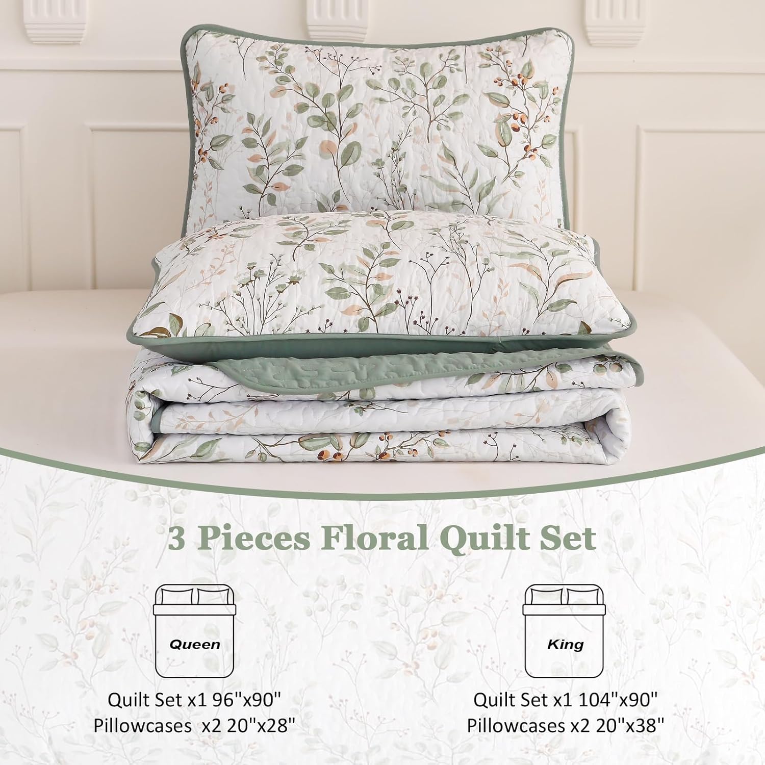Anibedding Queen Size Quilt Sets Green Floral Pattern Quilt Bedding Set, 3 Pieces Botanical Quilt Soft Microfiber Bed Coverlet for All Season(96" x 90") - Image 4