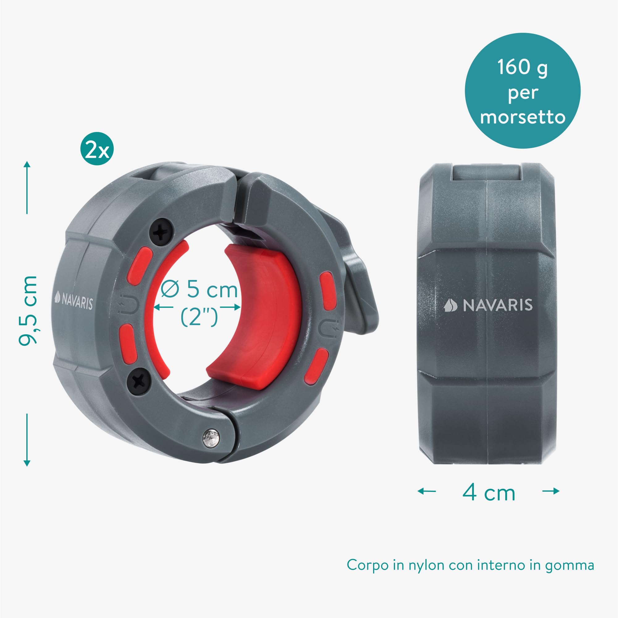 Navaris Morsetti Bilanciere Palestra - Set di 2 Ferma Bilanciere con Pesi da Casa - Ø 50 mm - Chiusura Rapida e Design Magnetico per Bilancieri Palestra - Leggeri e Resistenti