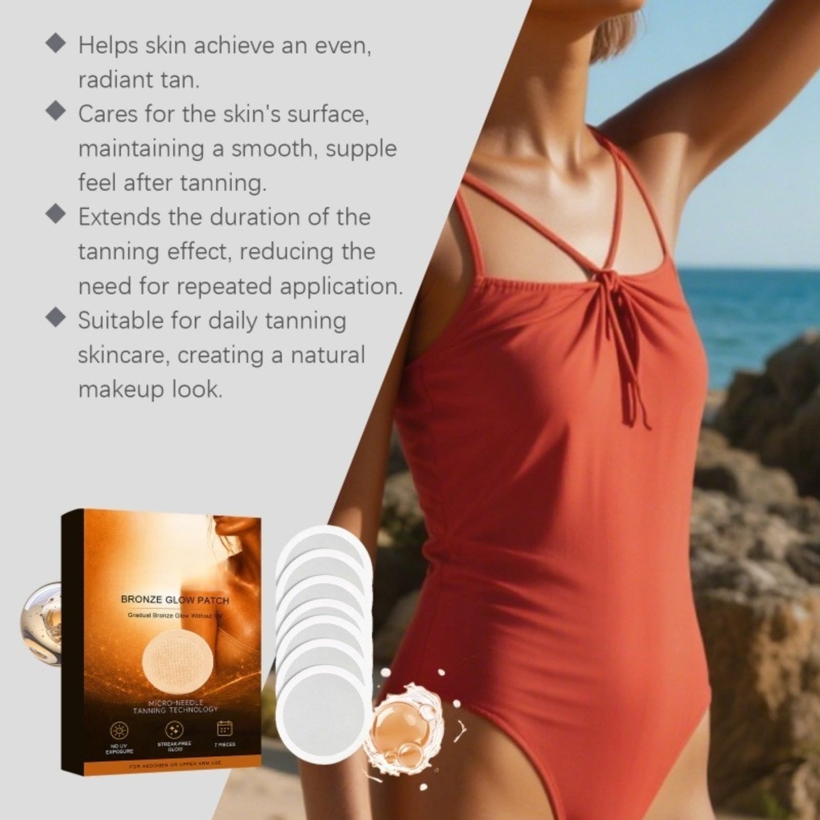 Parches autobronceadores de microagujas | Bronceado suave y sin UV para el vientre y la parte superior de los brazos Tan Parches para la piel y naturalmente sin exposición al sol