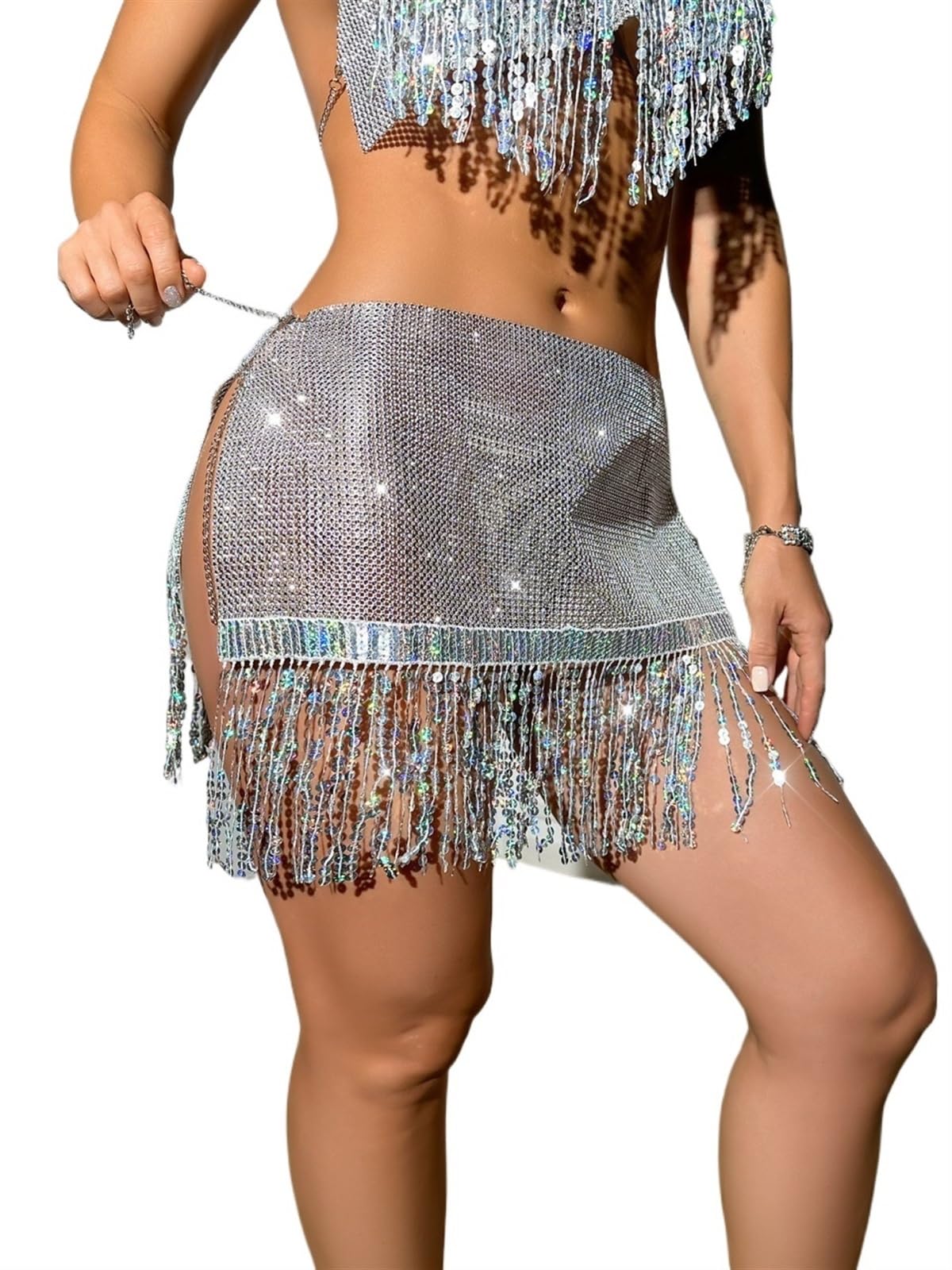 Gonna con Nappine Gonna da Danza del Ventre con Paillettes Donna, Minigonna Frange in Cotta di Maglia, Strass Lucidi, Night Club, Performance, Rave Party