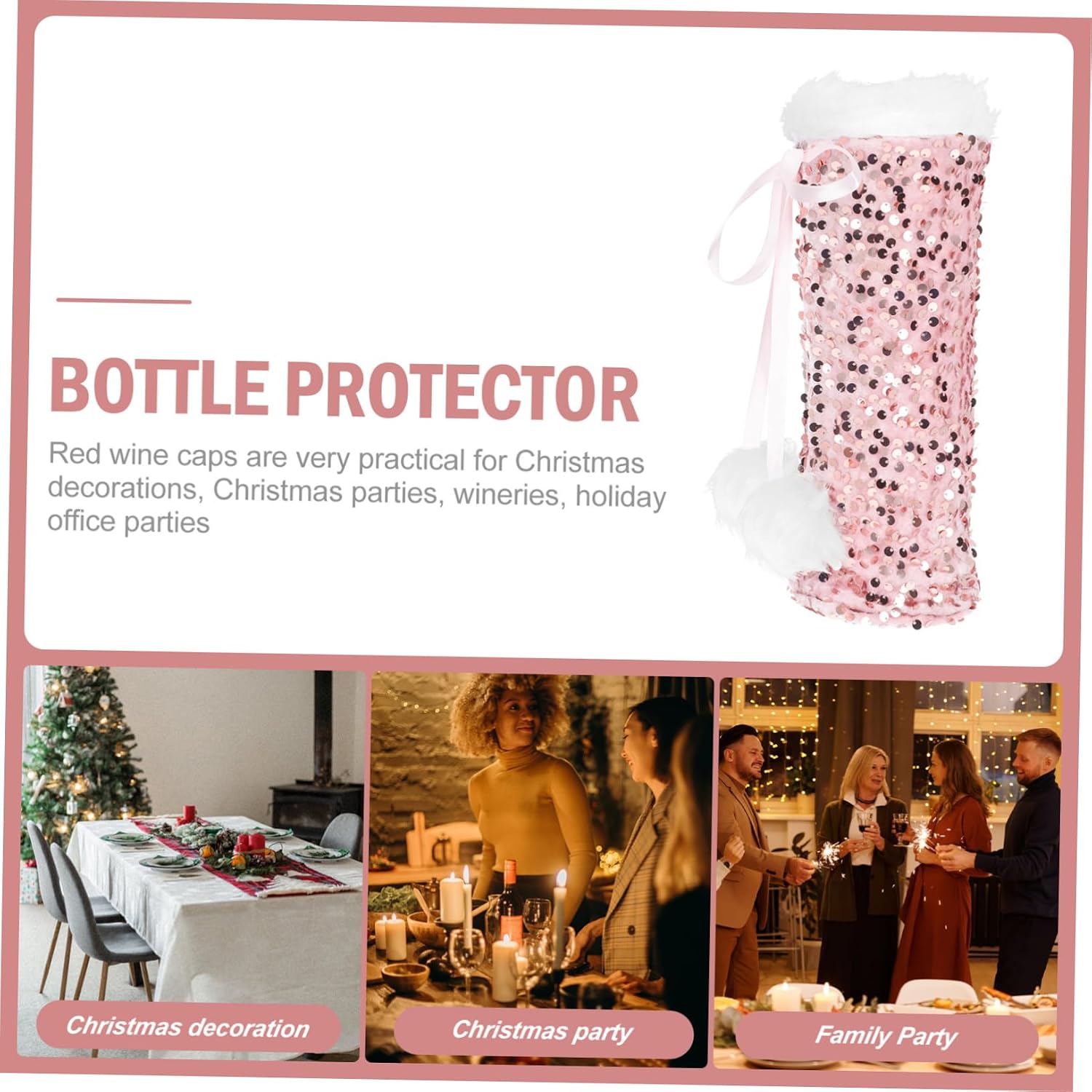 Xmas Wine Bottle Cover with Sequins and Flannelette, Pink image 3