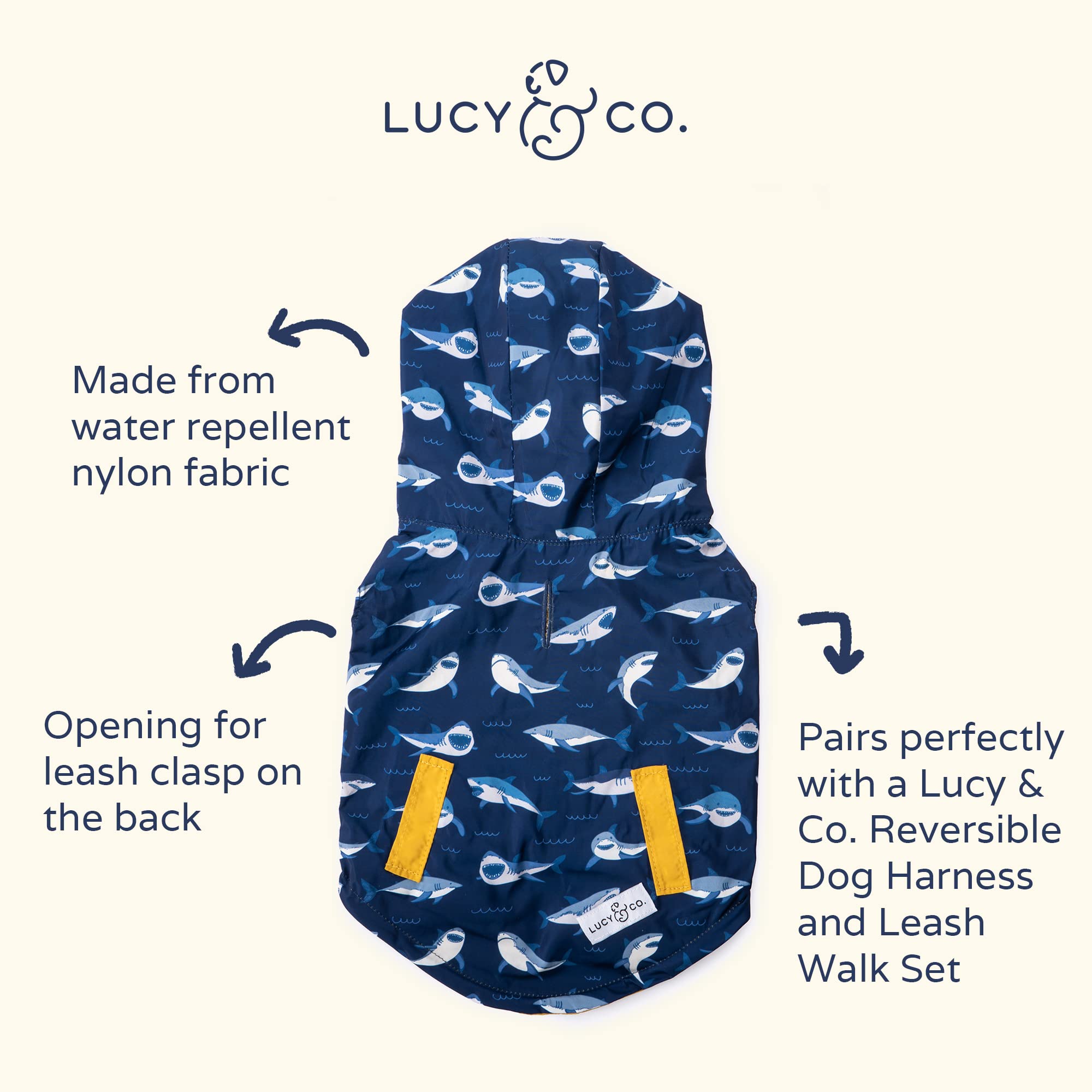 Lucy & Co. Wendbarer Regenmantel für Hunde (Haustiere),Hunde-Regenmantel,Hunde-Regenmäntel für kleine Hunde, Hunde-Regenmäntel für mittlere Hunde,Wasserdichte Hundekleidung (2XL, Shark Attack)