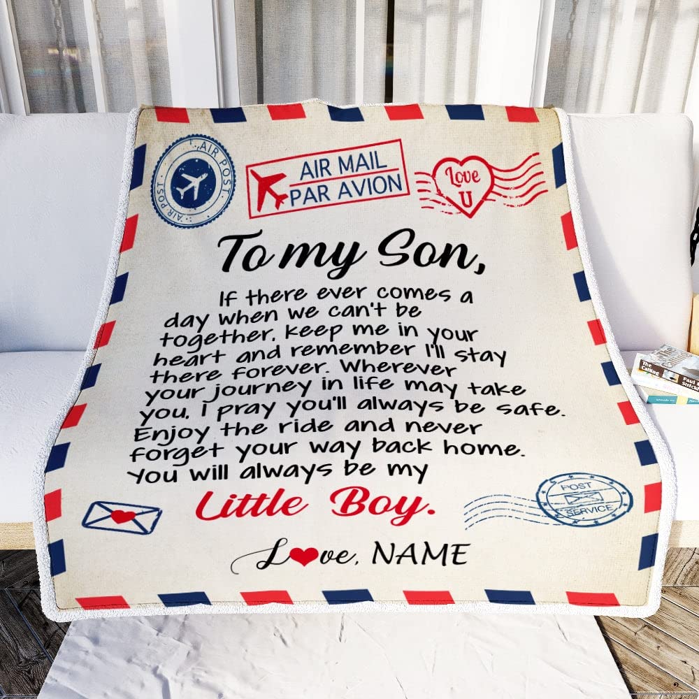 CenturyTee Personalized to My Son Blanket from Mom Dad Air Mail Letter Little Boy Son Birthday Graduation Customized Bed Quilt Fleece Throw Blanket (30 x 40 in Baby Size)