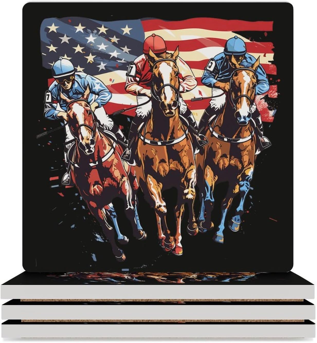 Horse Racing U.S Flag Coaster for Drinks Square Ceramic Table Coasters Stone Mat Crafts 6PCS Home Kitchen Decor