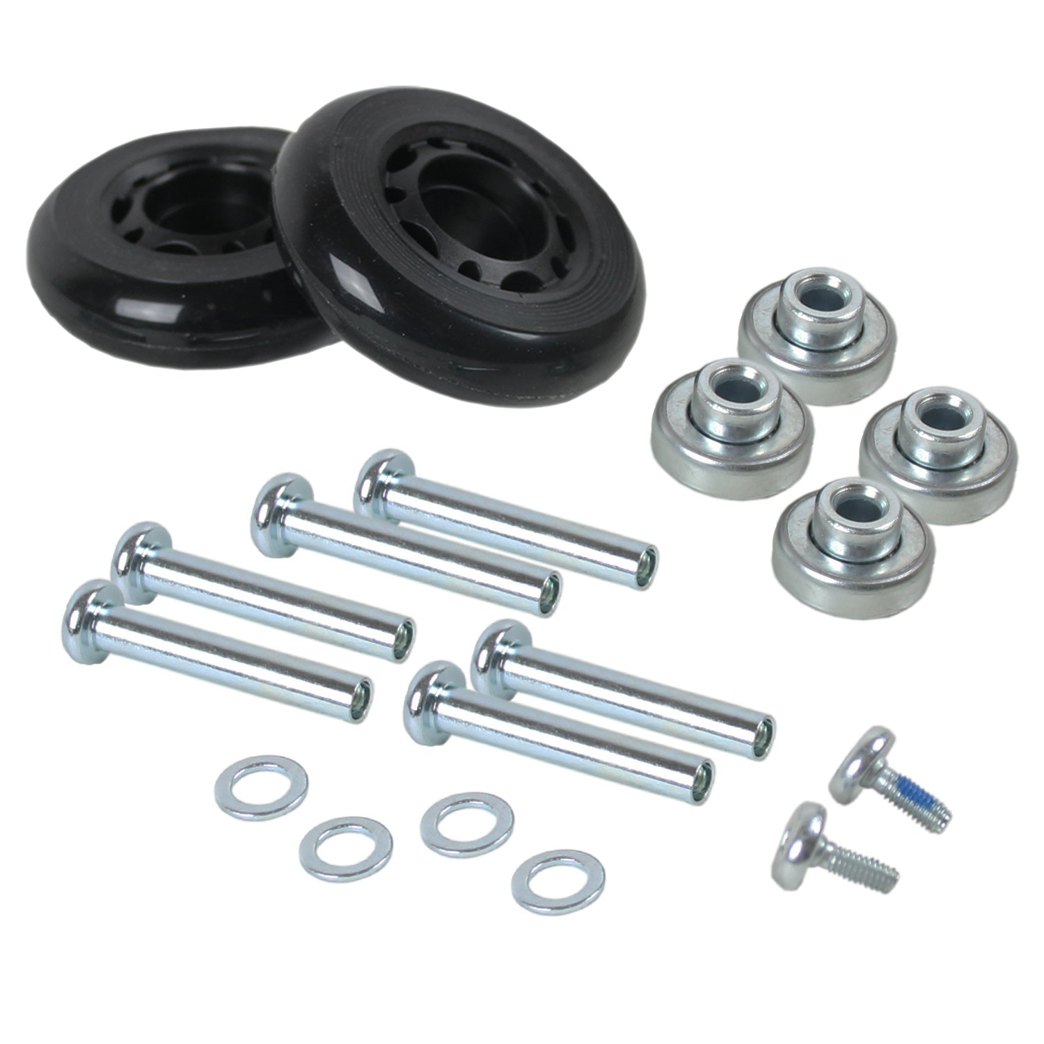 Luggage Wheel Replacement Kit - Set of Wheels, Bearings, Bolts, Axles (Black) (68mm)