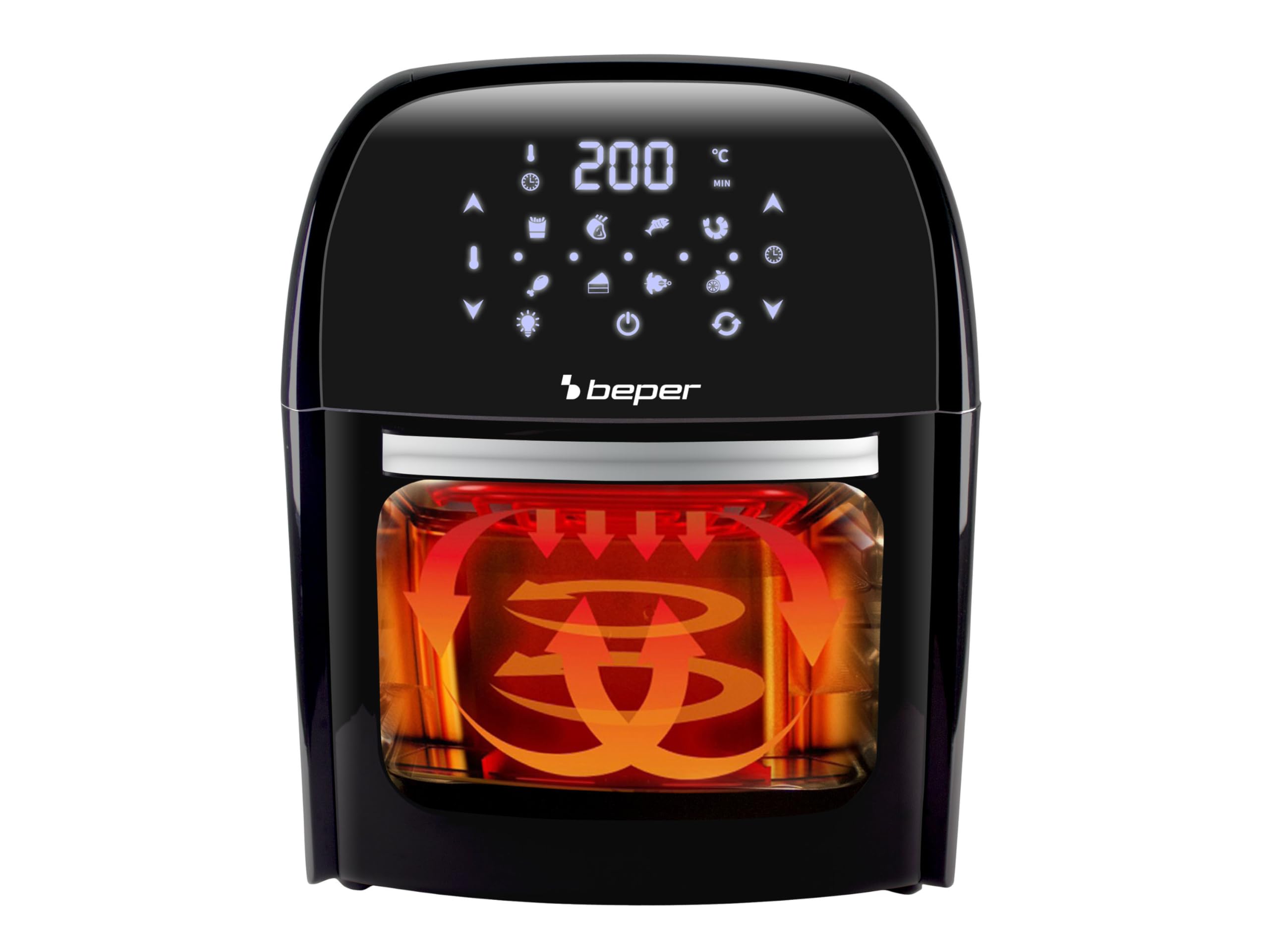 BEPER P101FRI012 Digitale Heißluft Fritteuse, Girarrosto, Ofen, Toaster, Trockner,12L, 1800W, Touch-Panel, 8 Programme, Zubehör, Verstellbar, Schwarz