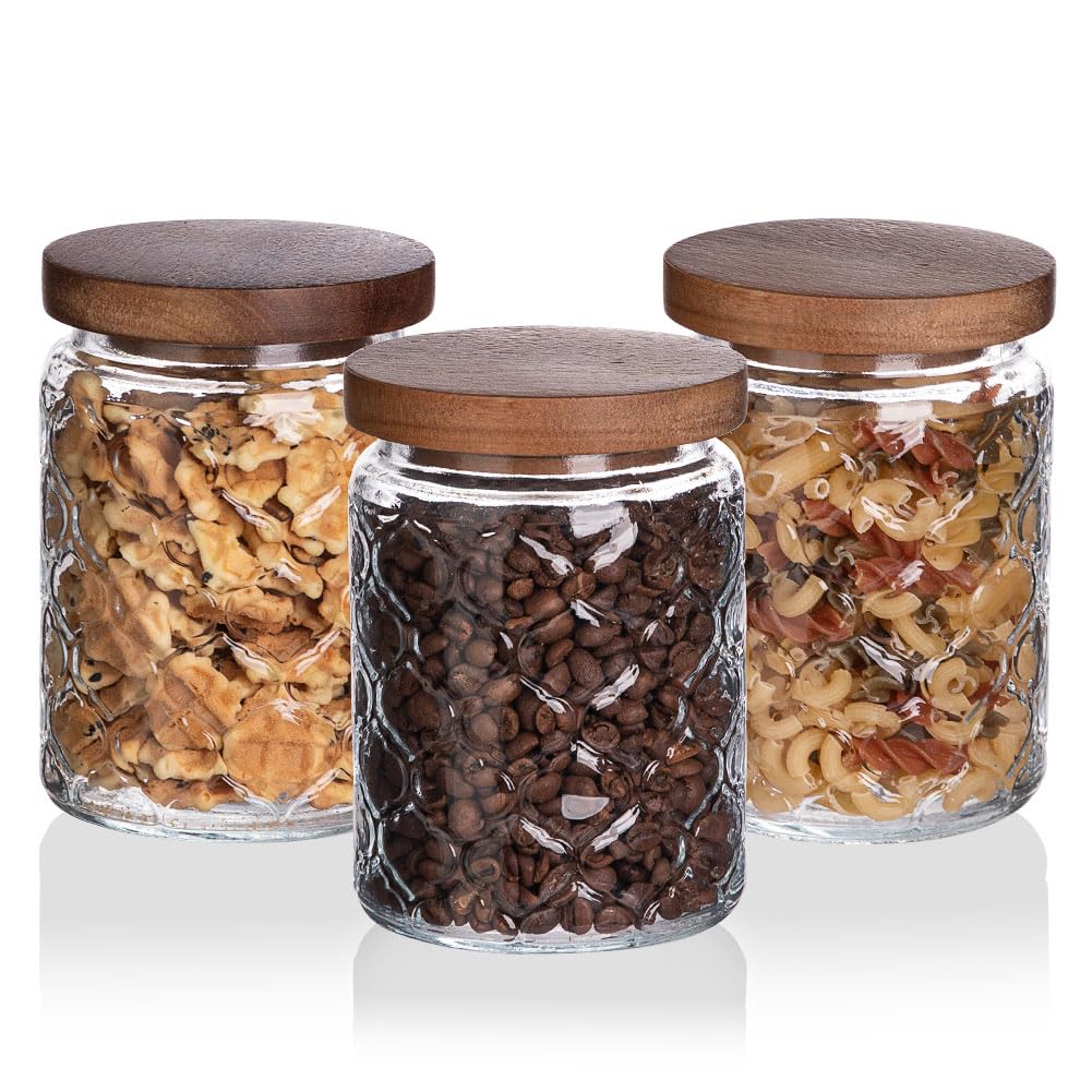 Sweejar HomeGlass Storage Jars, Set of Three Vintage Embossed Kitchen Storage Container, Food Grade Wooden Lid Sealed Storage Jars for Coffee Beans, Grains, Flour, Spices and More, 700ML (Lantern)