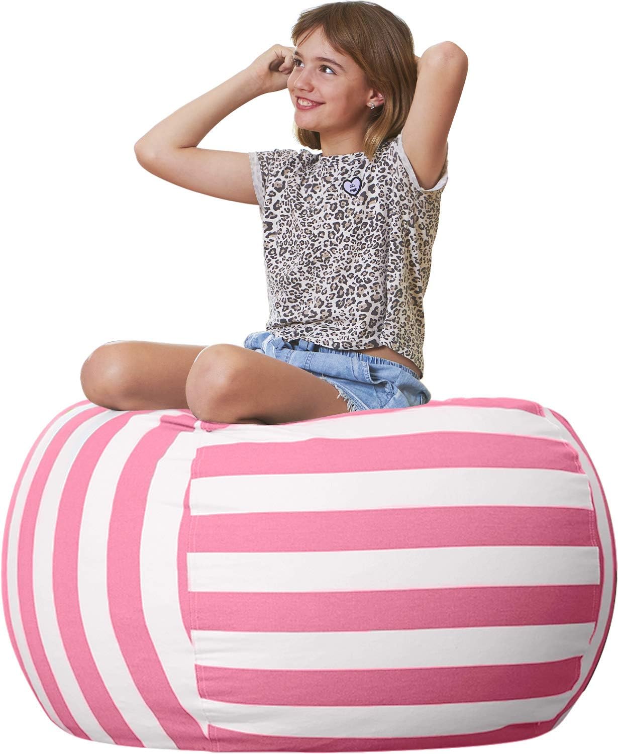 Aubliss Stuffed Animal Bean Bag Storage Chair, Beanbag Covers Only for Organizing Plush Toys, Turns into Bean Bag Seat for Kids When Filled, Large 38"-Canvas Stripes Pink/White