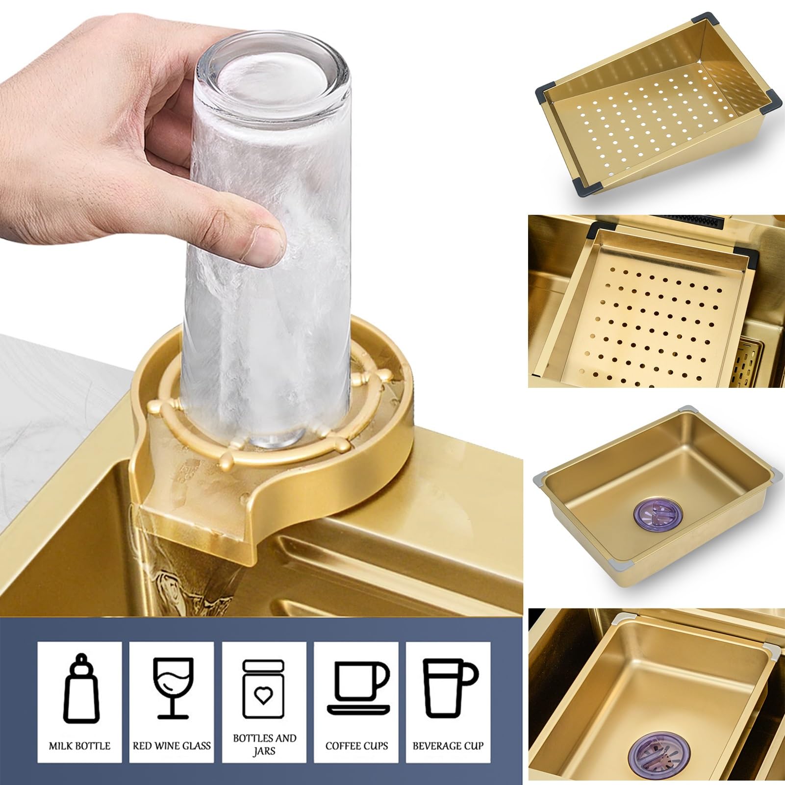 Fregadero de cascada dorada, fregadero de cocina multifuncional 304 fregadero de acero inoxidable, fregadero con grifo multifuncional dorado y otros accesorios (Color : Gold, S : 75x45cm)