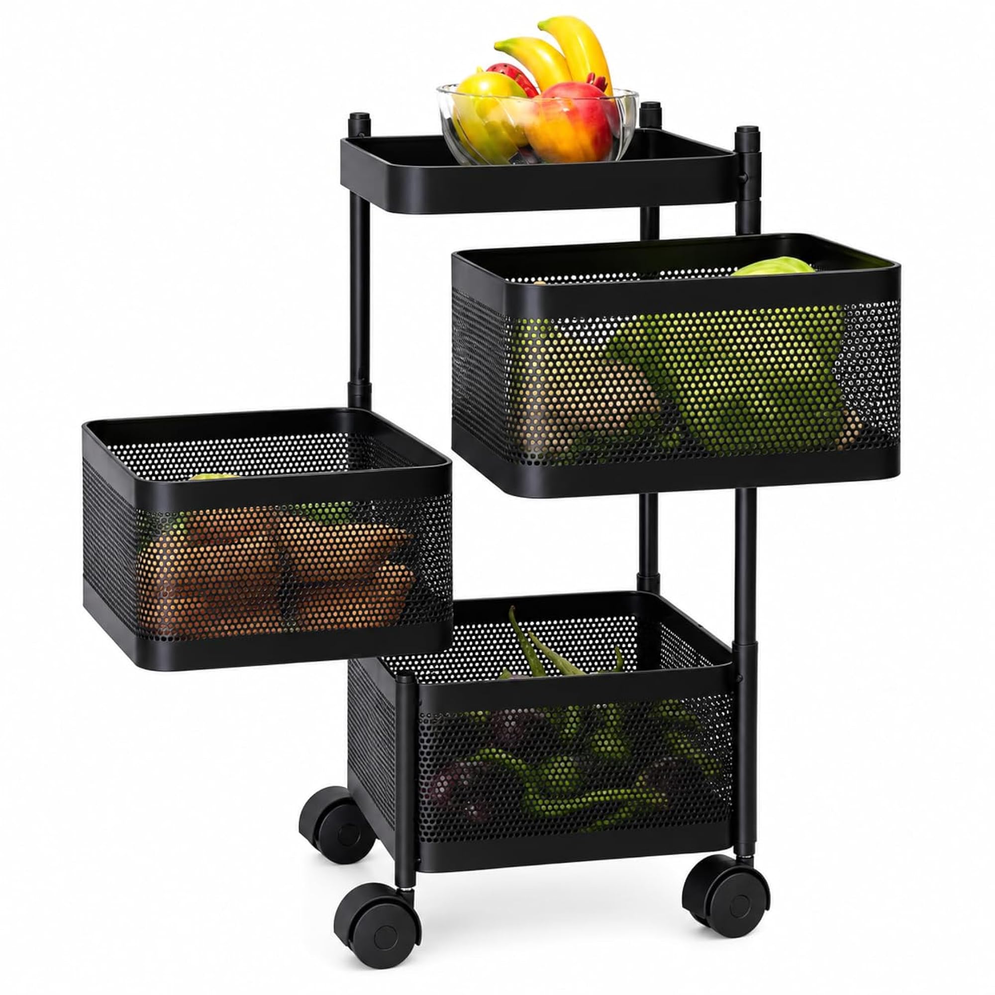 2-Layer Metal Kitchen Trolley with Wheels, Vegetable Organizer