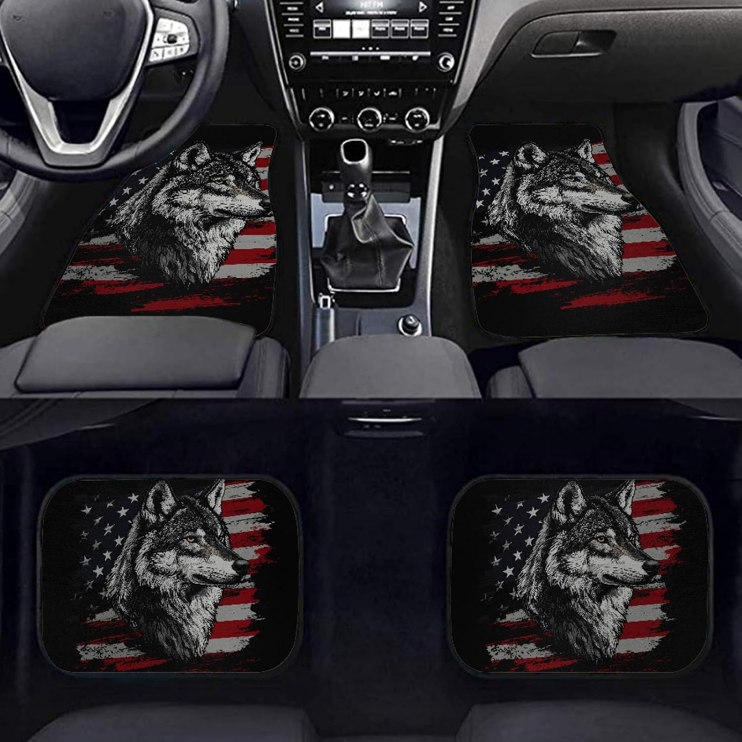 Amzbeauty Wolf American Flag Print Car Floor Mats All Season Protection Non Slip Fit for Various Cars