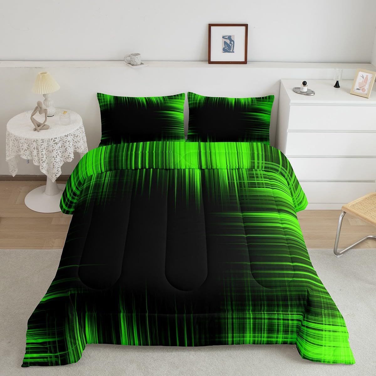 Feelyou Abstract Green Ombre Bedding Set King Size, Green and Black Comforter Geometric Abstract Ombre Comforter Set for Kids Toddler Geometric Artistic Smear Duvet Set Breathable Bed Set 3P