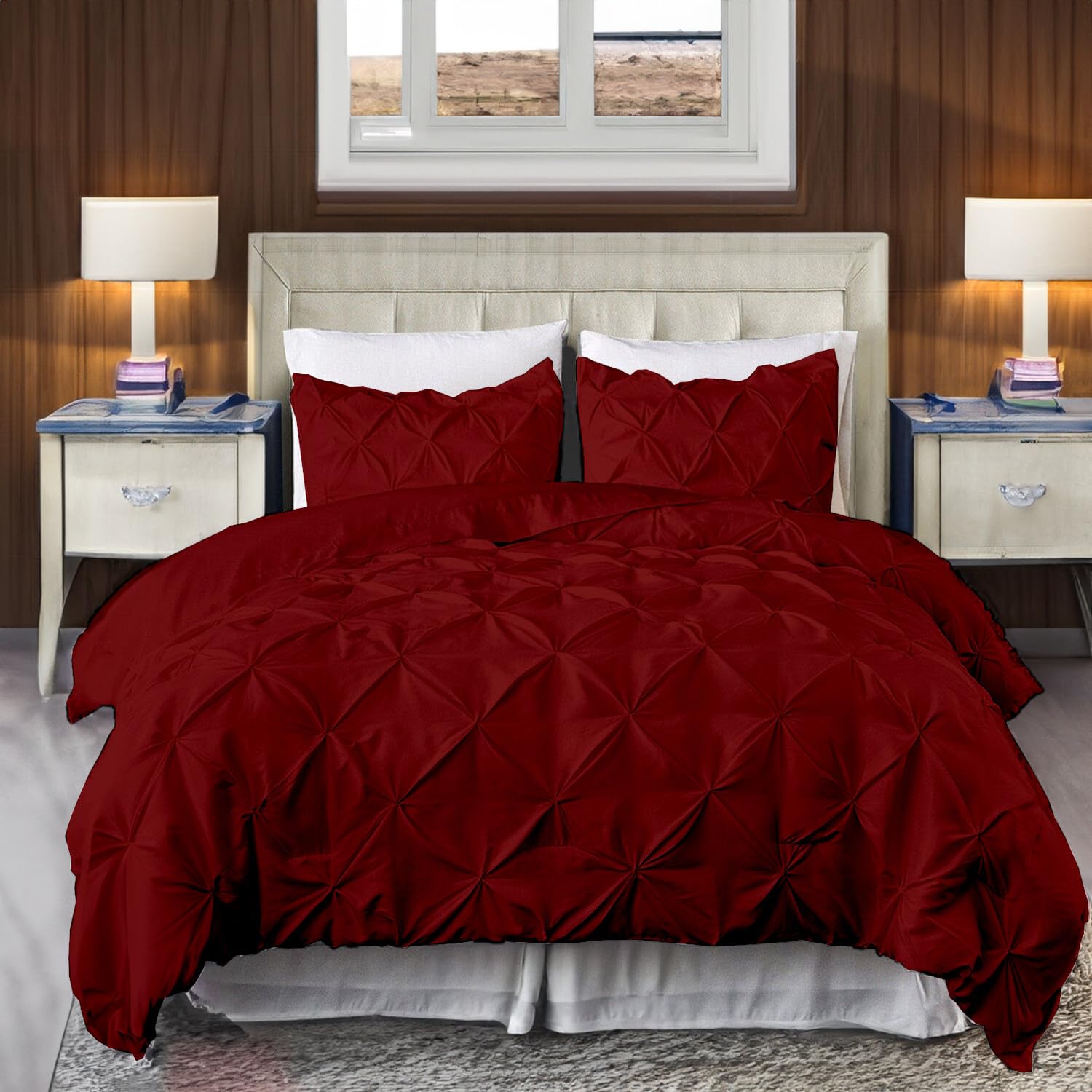 EASYCOT 800TC Diamond Pintuck Duvet Cover Set Egyptian Cotton 5 Piece Duvet Cover Set Pinch Pleat Comfortable Hotel Quality Bedding set - Wine,Double Size